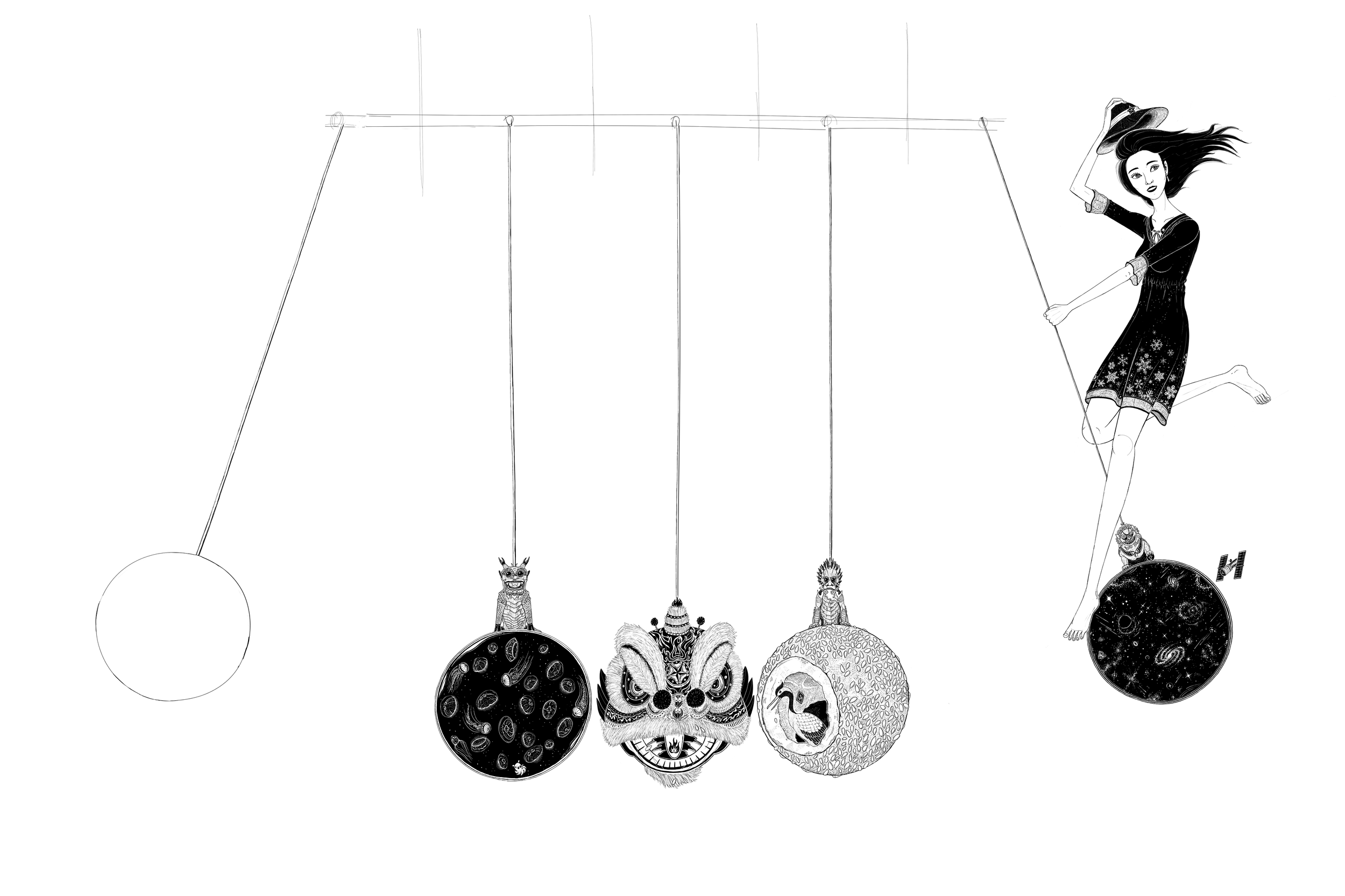 in progress drawing of a girl swinging on a newton's cradle whose balls are replaced by a chinese lion's dance head, a sesame ball, a ball containing space, and another ball containing jellyfish