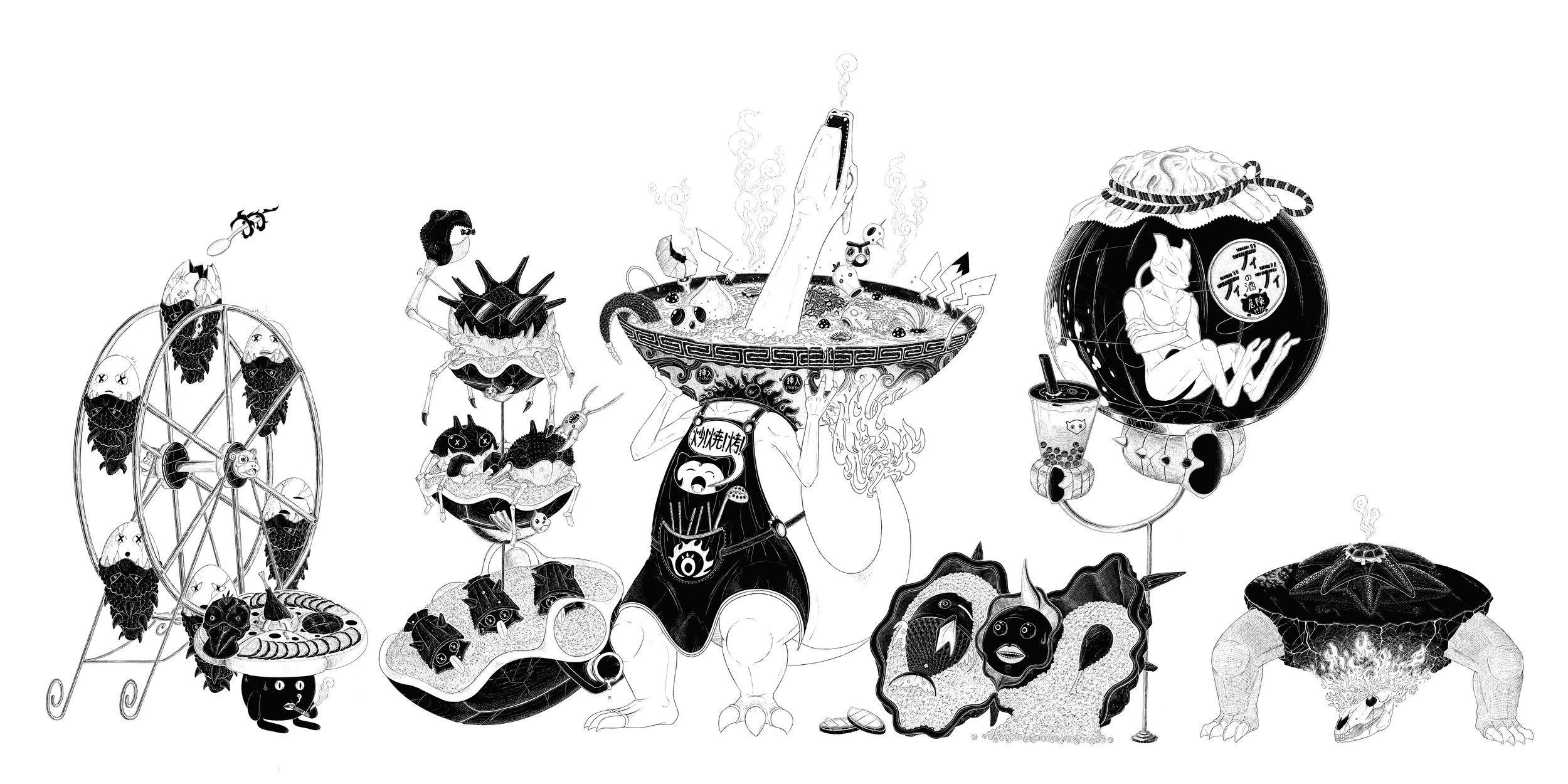 black and white pokemon illustration of a charizard heating a pokemon hotpot, kingler and shellder on ice in squirtle shells, a mewtwo suspended in tequila, and an afternoon tea style exeggute ferris wheel