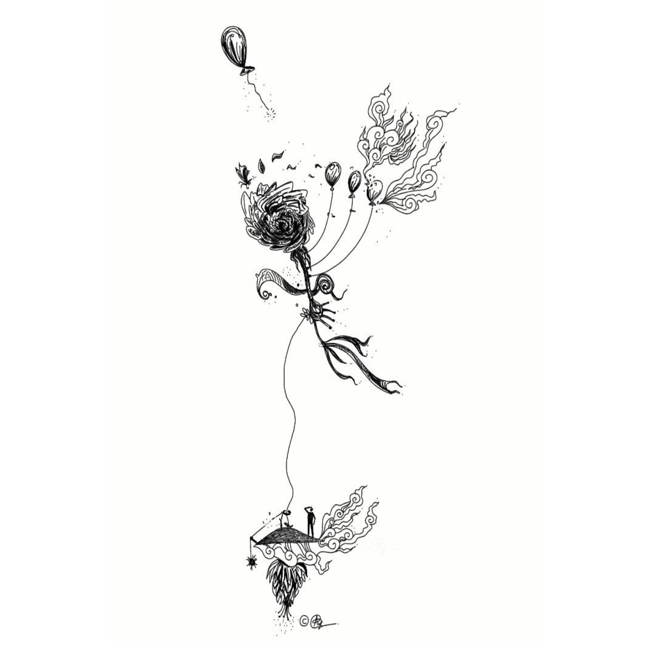 delicate monochrome finger-drawn illustration of a surreal rose-shaped kite drifting in an open sky, a small silhouette of a man looking up below