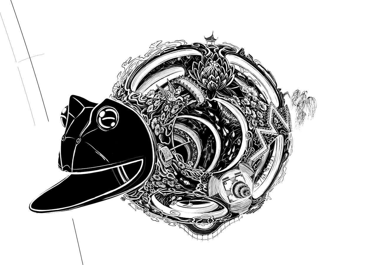 in progress shot of a chinese ivory puzzle ball, with a frog-faced cap and intricate geometric and inception-like patterns