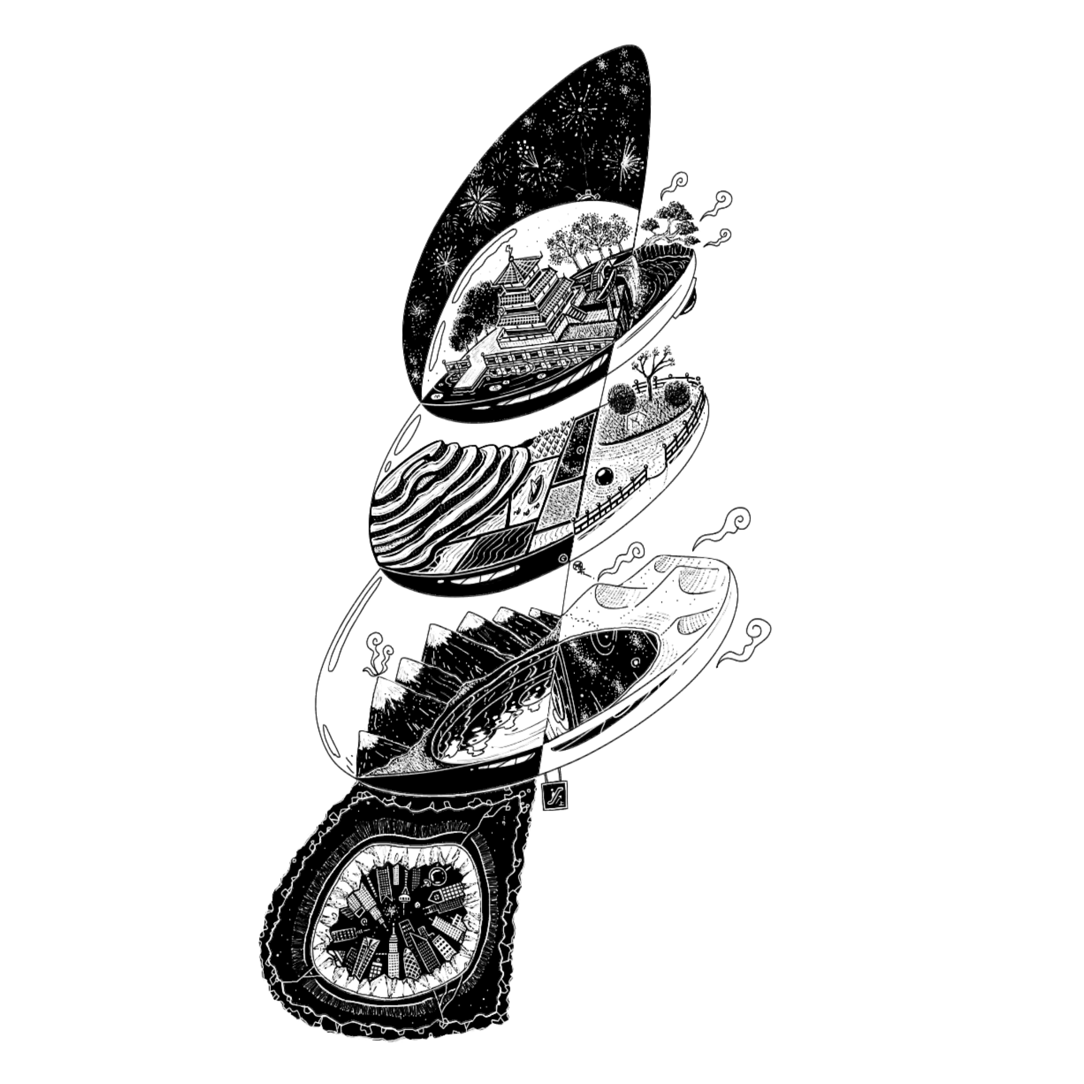 finger-drawn black and white illustration of chinese temple under fireworks, rice paddies, mountains, and skyscrapers growing inside a geode, intertwined in a diagonal escalator-like structure