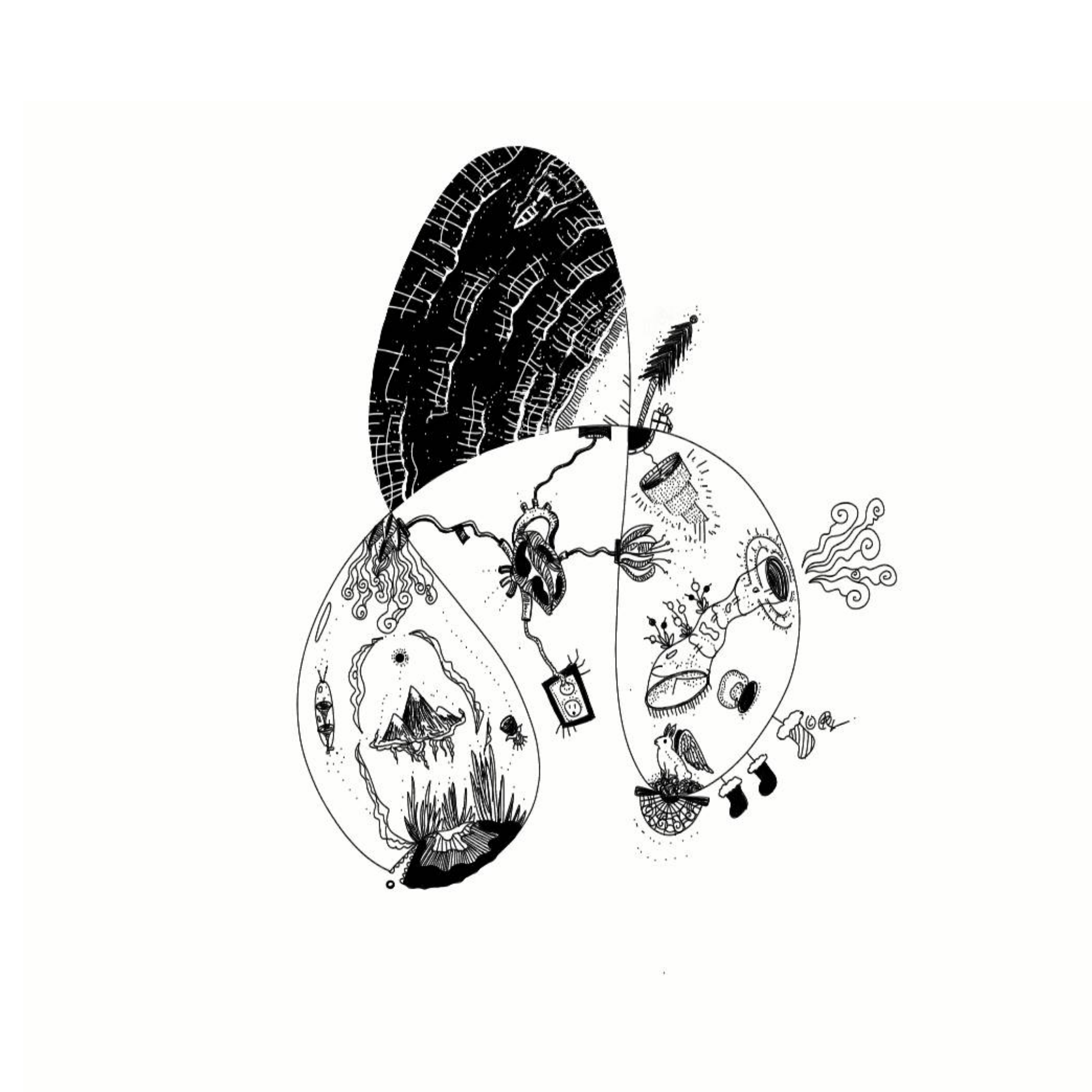finger-drawn black and white illustration of three petal-shaped forms containing waves, geometric shapes, and floating mountains, connected by a heart, with a winged rabbit within