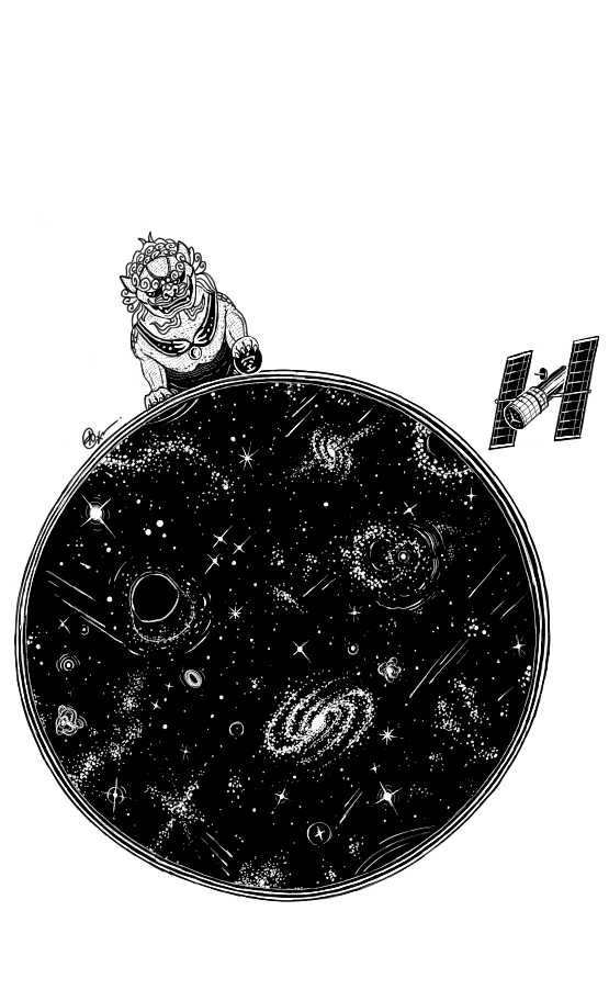 black and white illustration of a chinese guardian lion foo dog atop a newton's cradle ball containing swirling galaxies, stars, and black holes, with a floating telescope
