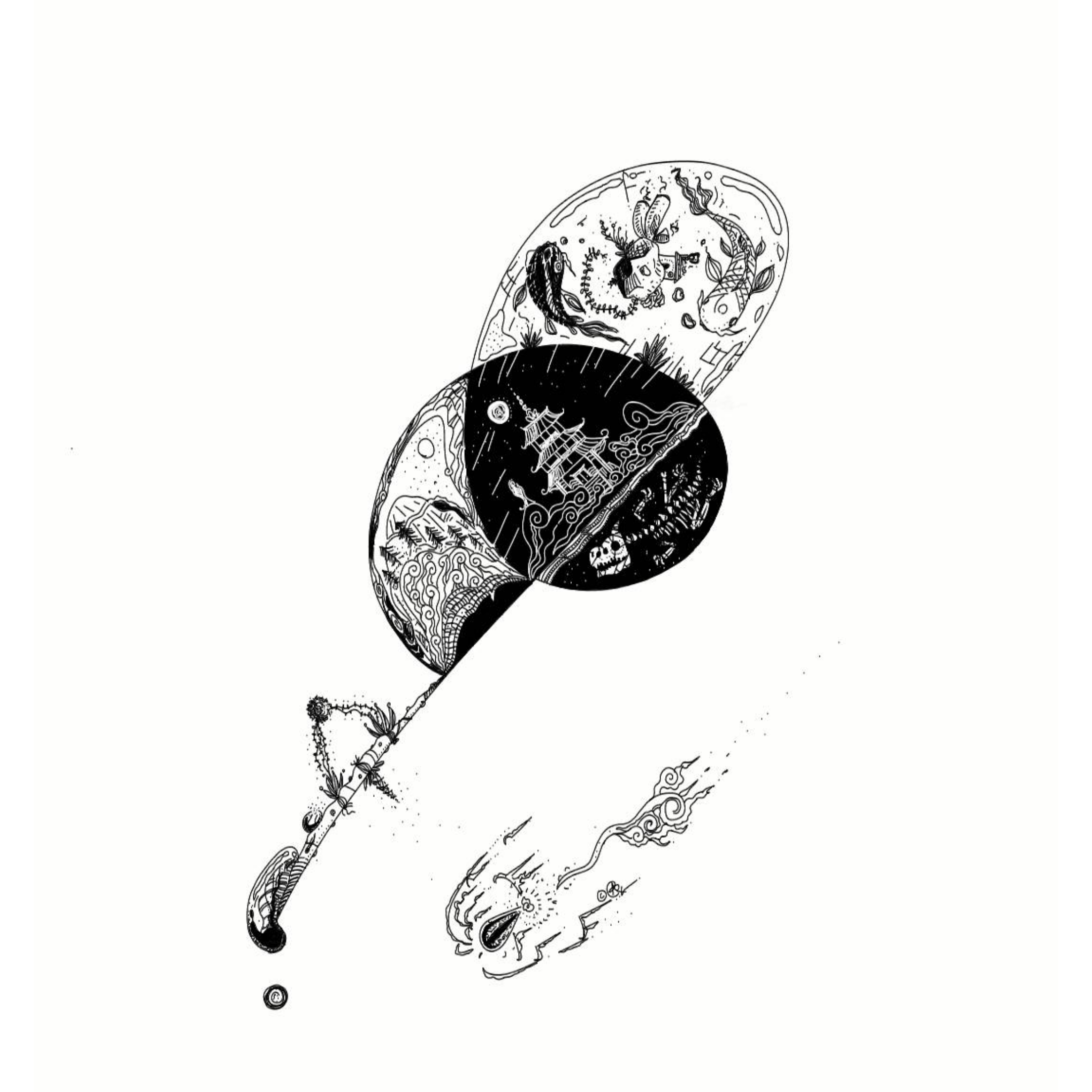 finger-drawn black and white illustration of a clover-shaped composition containing mountains, a chinese temple with a buried dinosaur skeleton, and two koi circling a rock