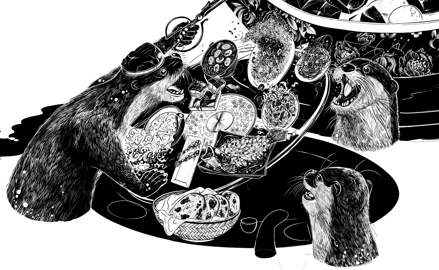 close up in progress shot of river otters eating chinese food like fried rice, bing, and soup while making a mess