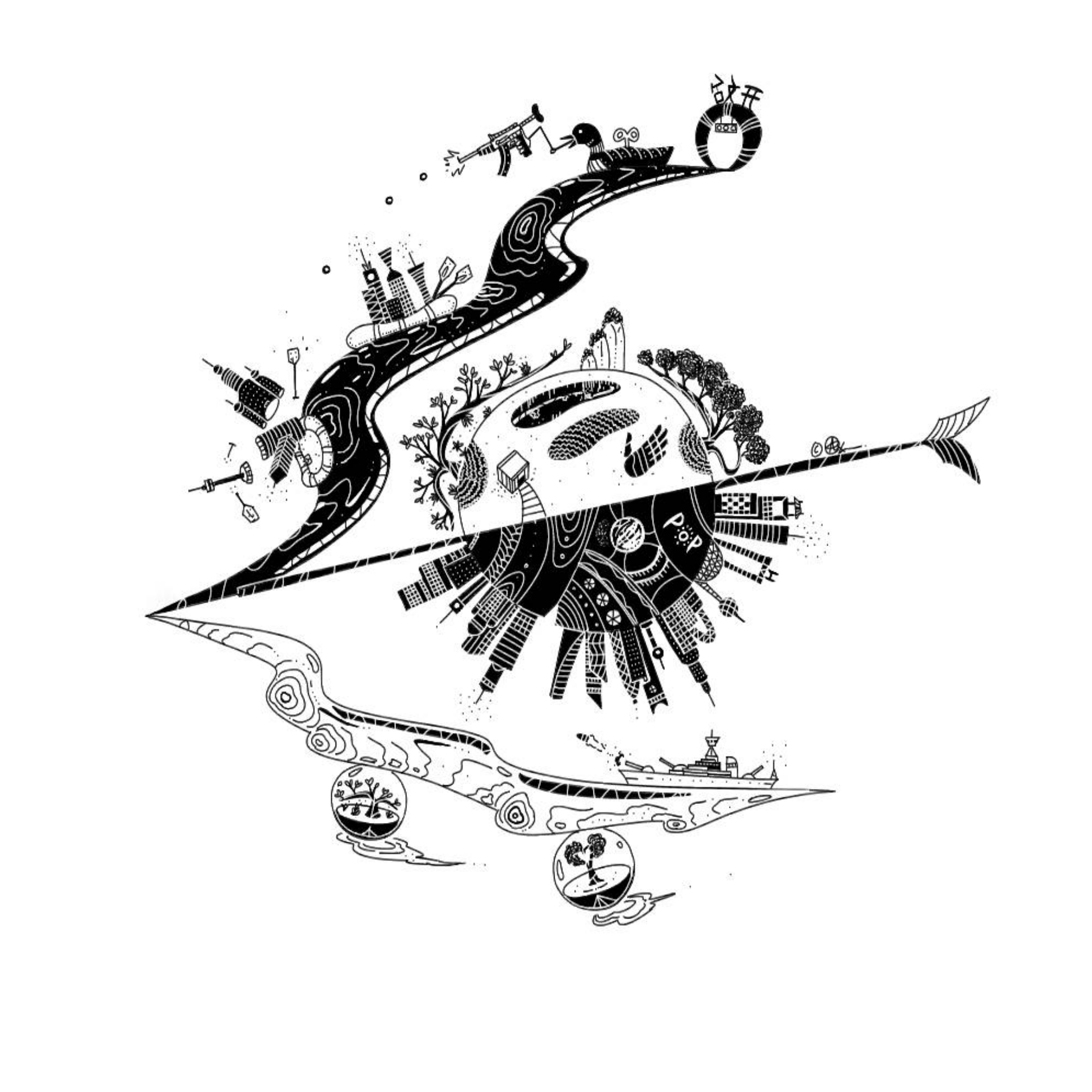 finger-drawn illustration of a tiny planet split between black and white, nature and urban life, with two rivers encircling it, raft-bound cities floating downstream, and a dreamlike duck with a machine gun