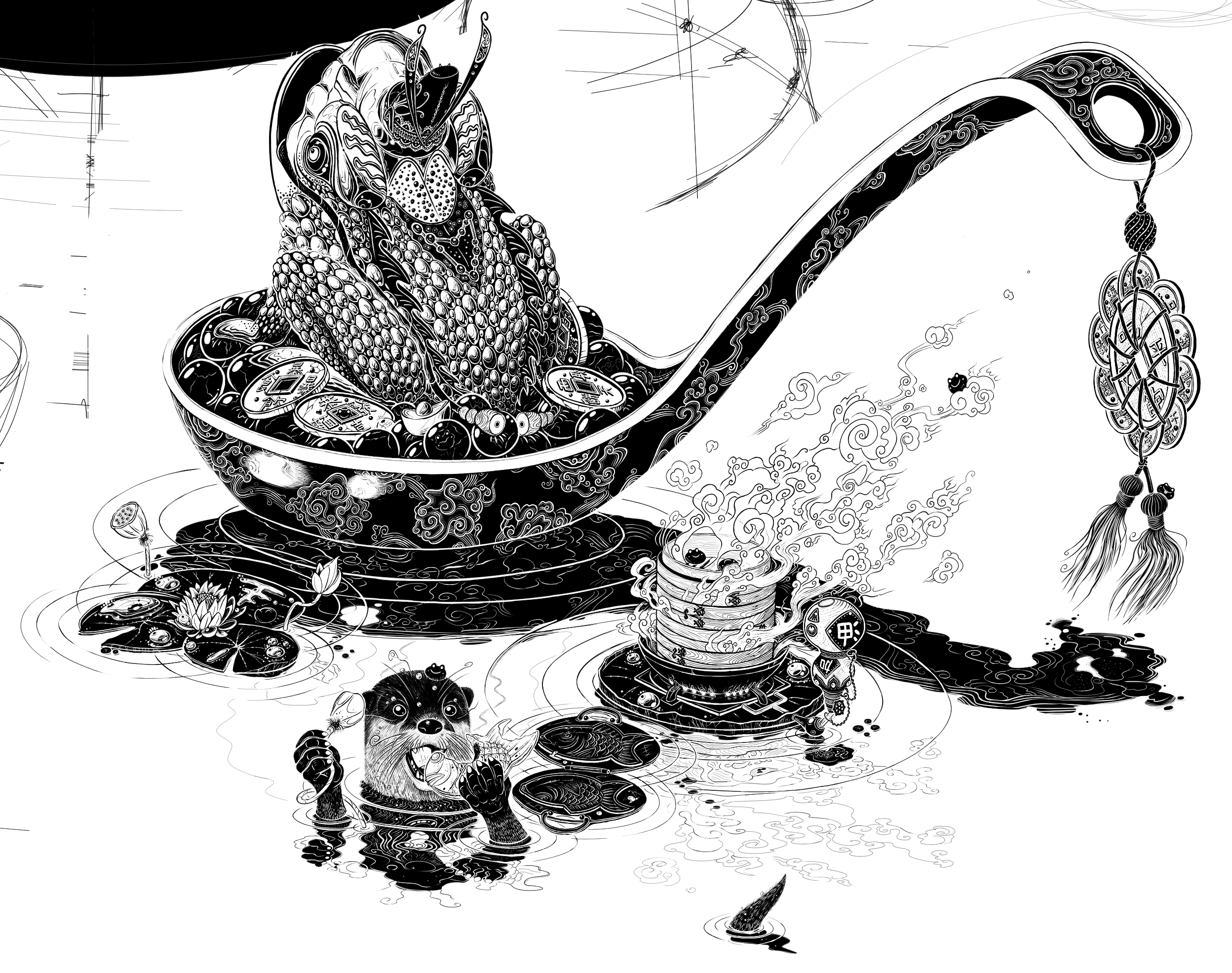 in progress drawing of a chinese feng shui money toad, sitting in a chinese soup spoon with a river otter eating taiyaki in the foreground
