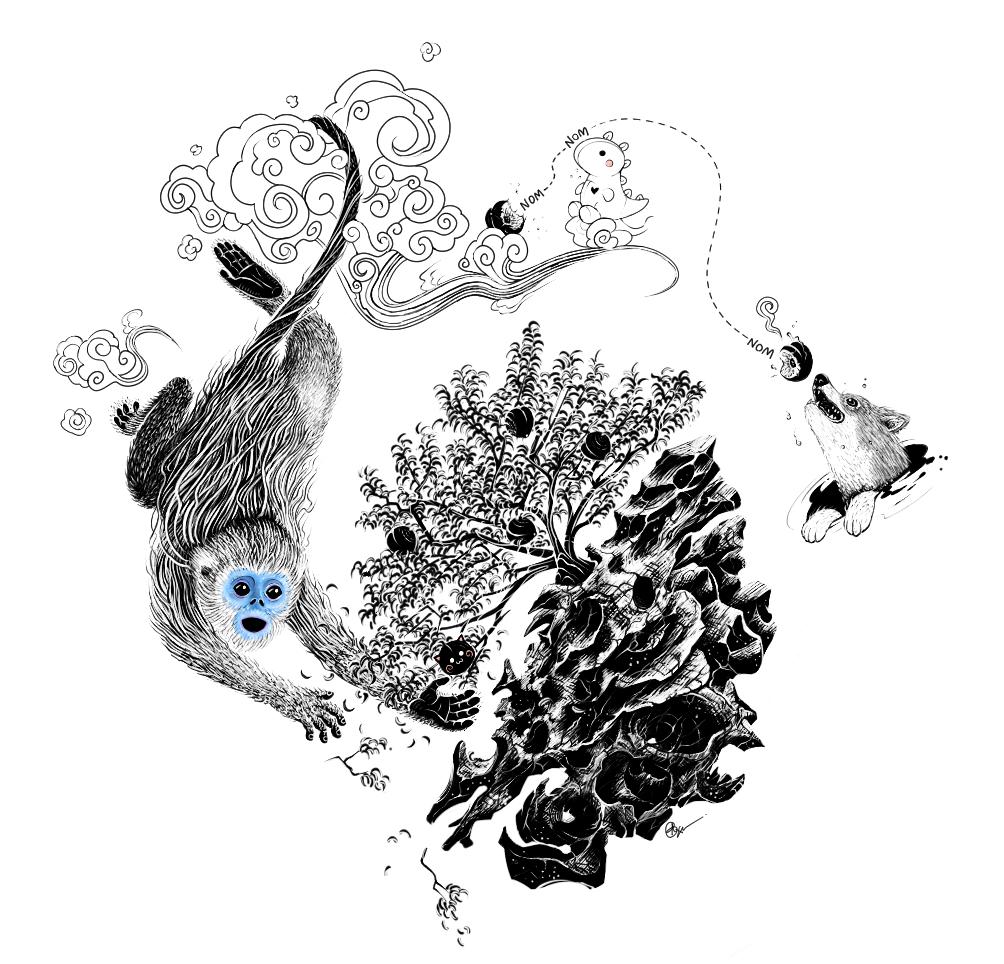black and white ink-style artwork of a golden snub-nosed monkey and a corgi reaching towards a peach tree, chinese garden rock and swirling clouds