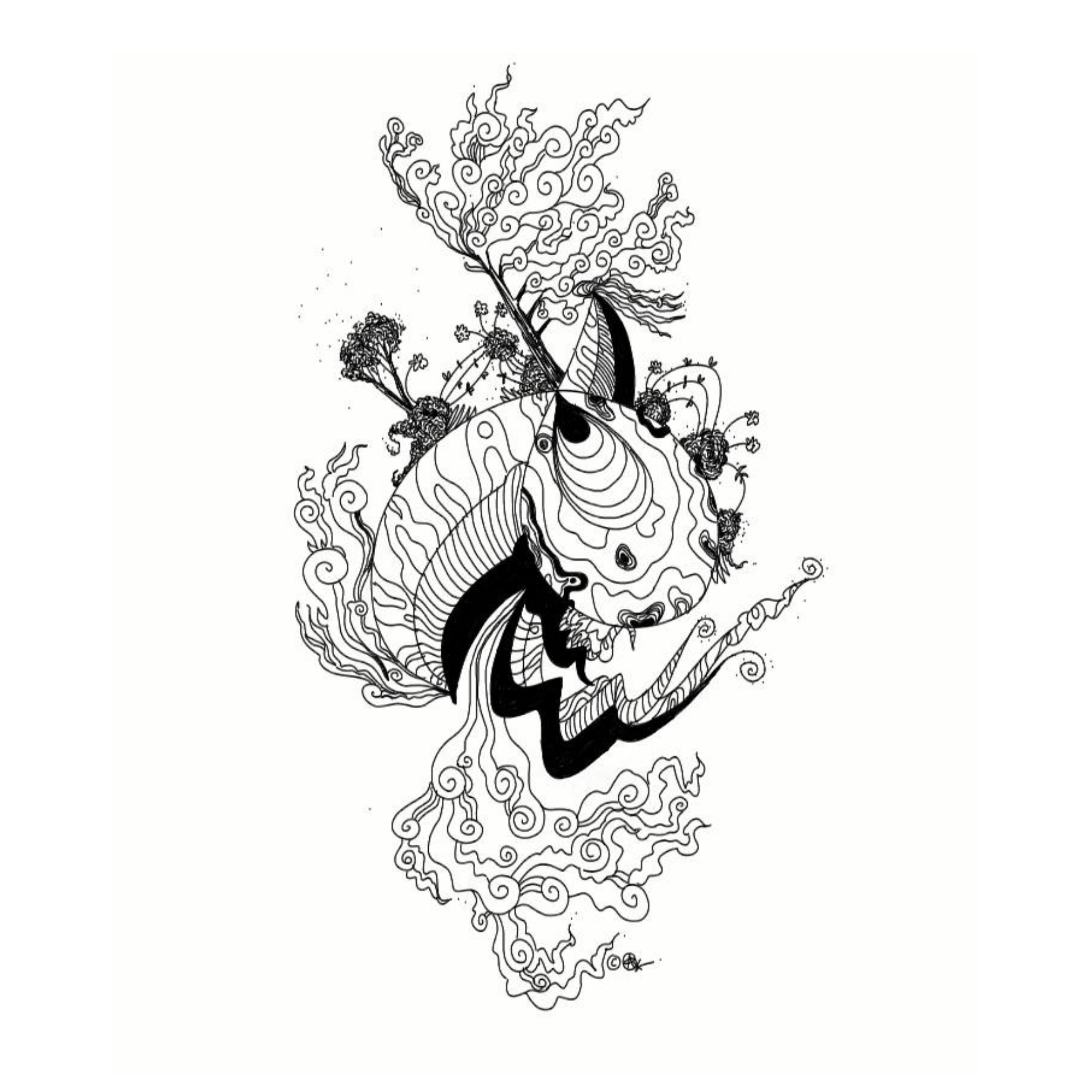 finger-drawn black and white illustration of an organic abstract shape filled with geometric patterns, with trees and chinese-inspired clouds erupting from within