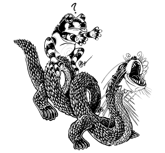black and white illustration of an amazon milk frog squatting atop an otter-faced chinese dragon statue