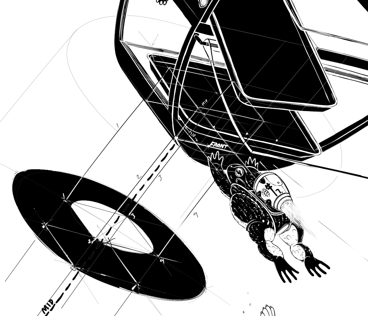 in progress drawing of a space-craft bakery hybrid colliding with a bullfrog with an ion-propulsion engine on its back