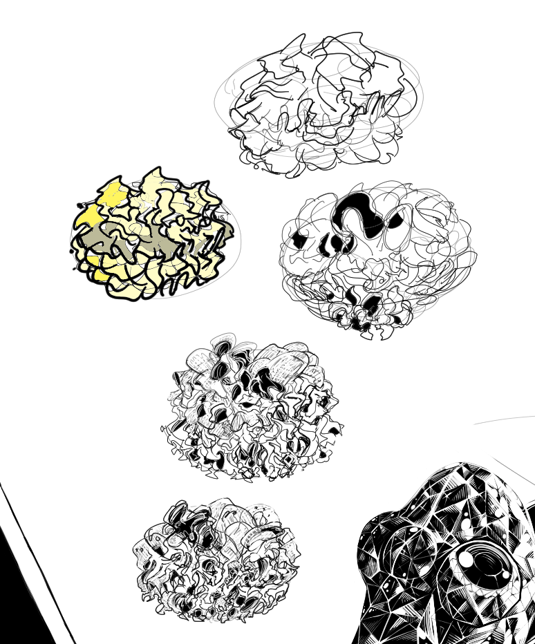 sketches of snow fungus over a glass frog