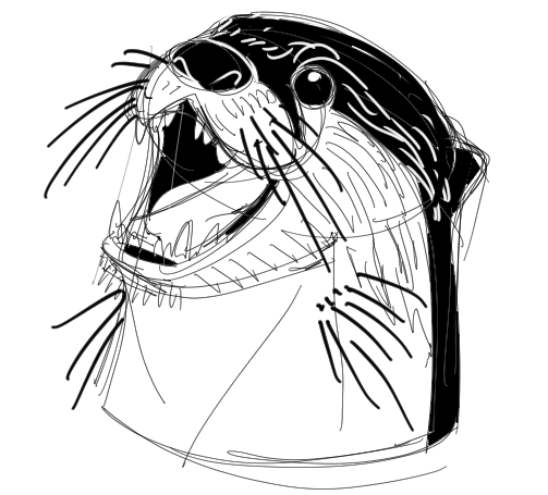 black and white sketch of a river otter with its mouth open, showing sharp teeth and whiskers