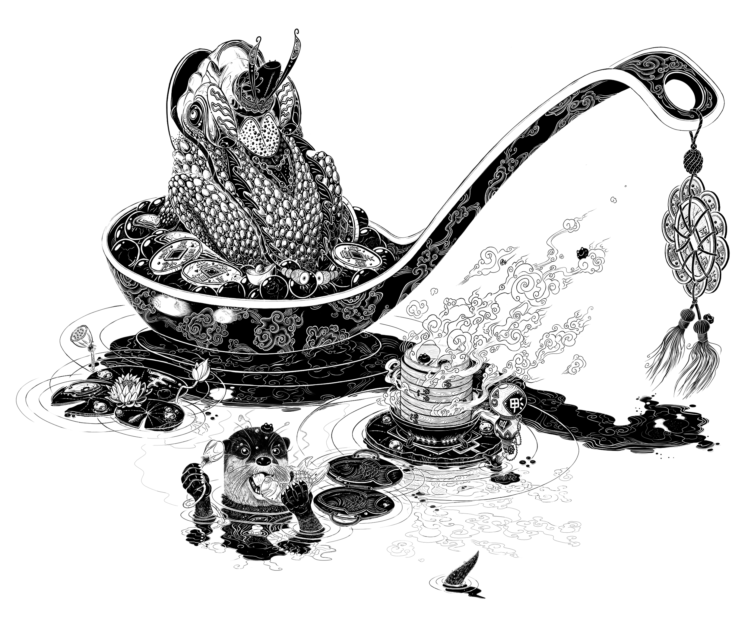 intricate black and white drawing of a chinese fortune toad in a soup spoon of bubble tea pearls, a river otter gleefully eating a taiyaki