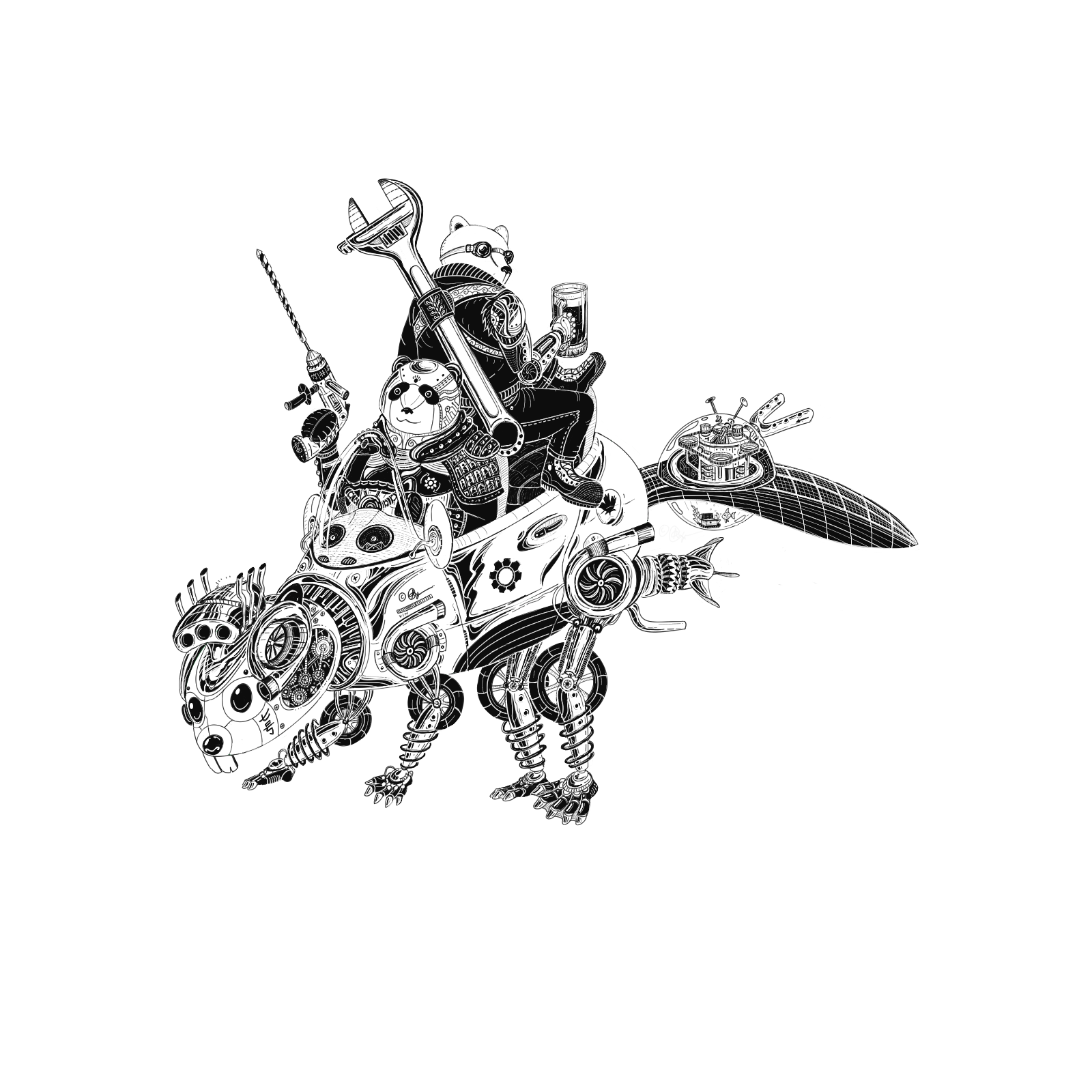 black and white steampunk illustration of a bear with a mechanical arm holding a german stein and a cyborg panda with a drill, sitting inside a mechanical beaver