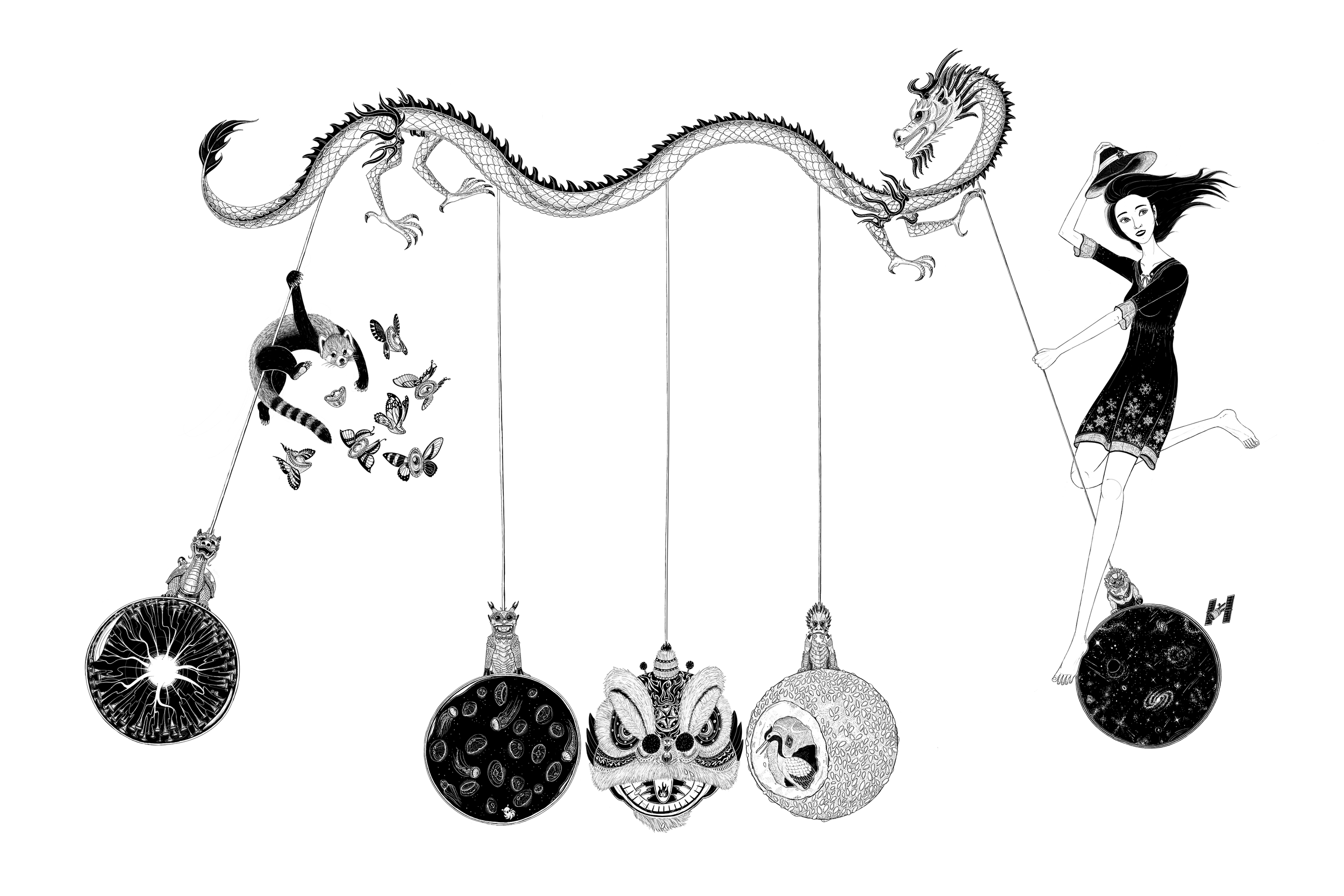 black and white illustration of a girl swinging on a chinese dragon newton's cradle with five mythical and surreal balls, a red panda swiping at butterfly-winged chinese gold ingots
