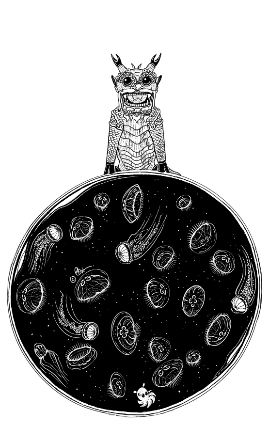 black and white illustration of a grinning chinese qilin mythical creature atop a newton's cradle ball containing moon jellyfish, sea nettles, and a dumbo octopus