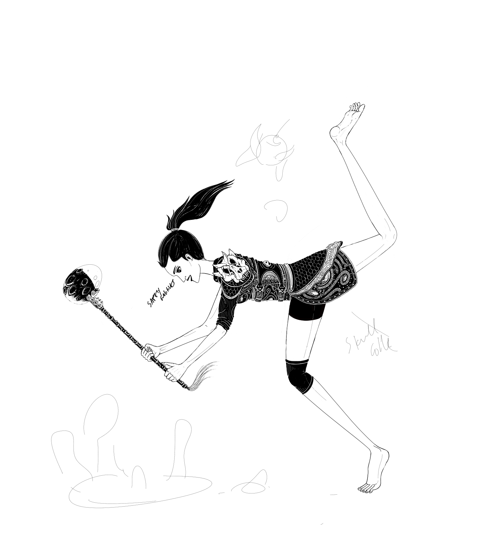 in progress shot of a woman in chinese armor swinging a hammer
