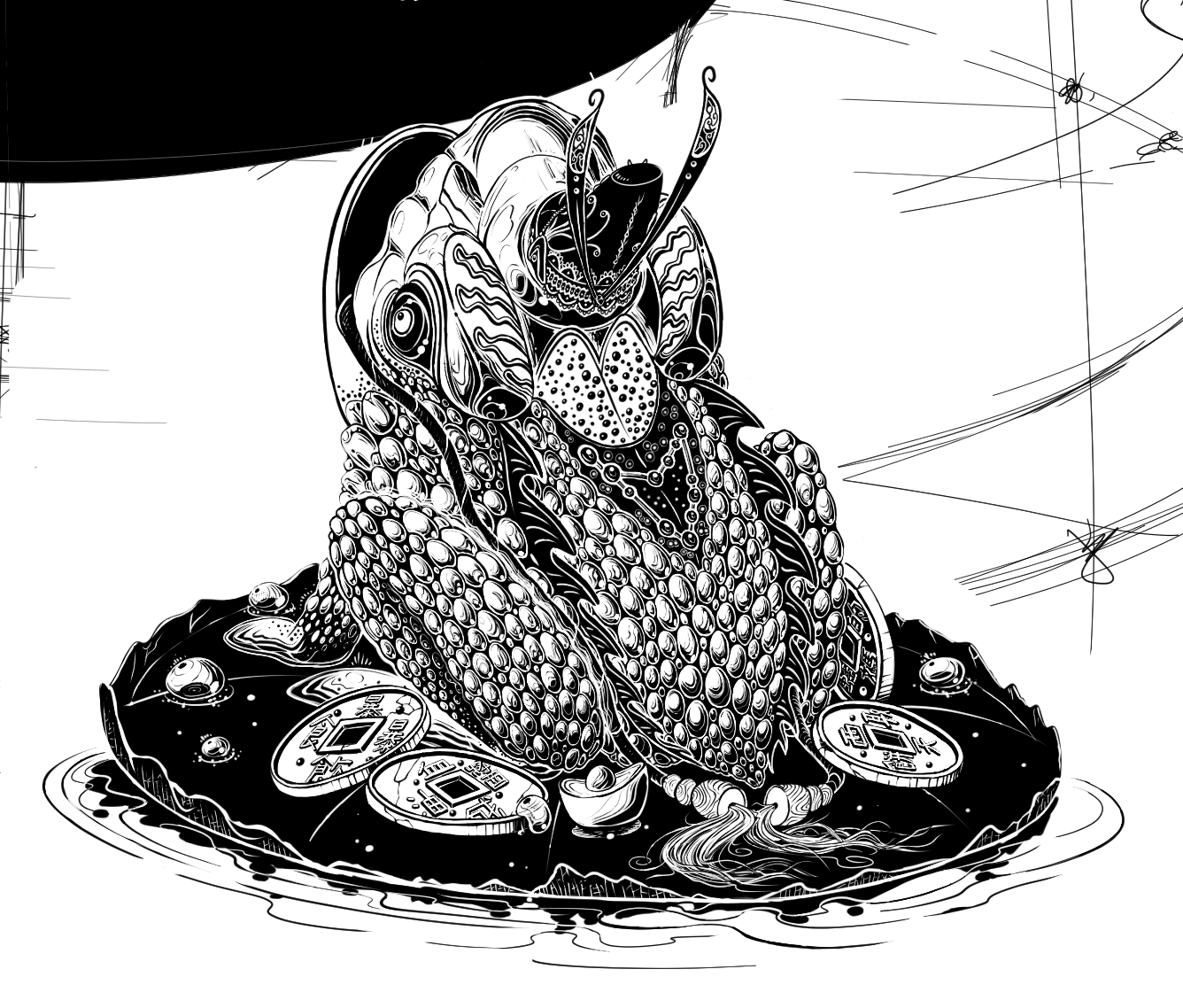 in progress shot of a chinese feng shui money toad sitting on a lily pad, surrounded by ancient chinese coins