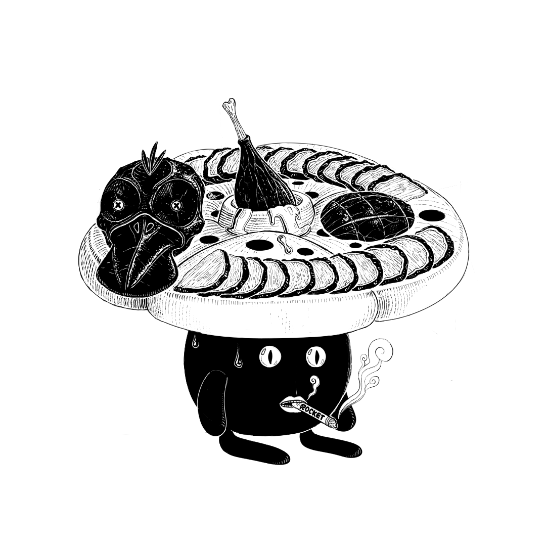 black and white pokemon illustration of psyduck in beijing duck style with sliced meat and crispy skin, served atop a vileplume smoking a joint