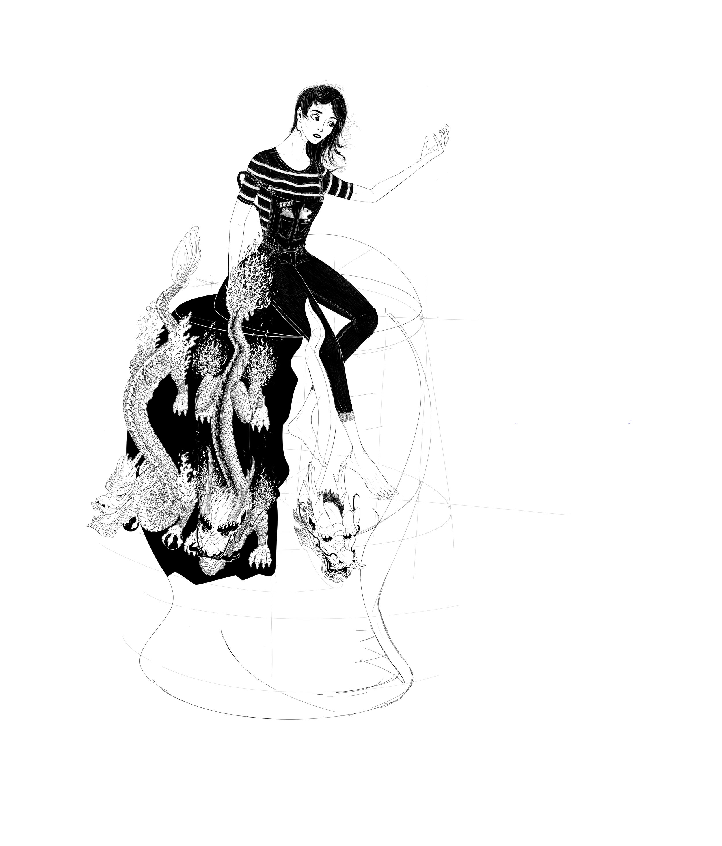 black and white drawing of a woman wearing striped shirt and overalls, sitting on a seismoscope with dragons wrapped around it