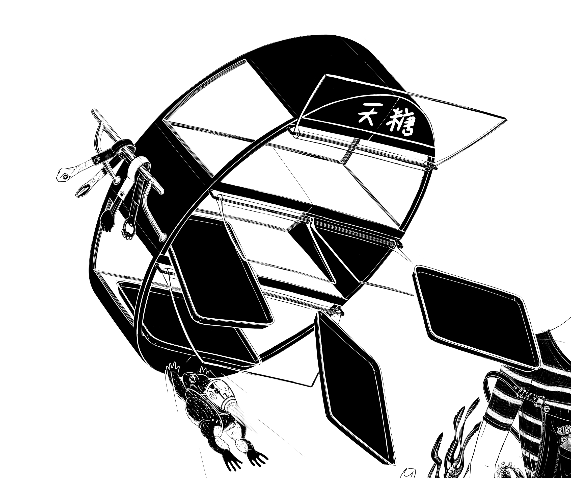 in progress drawing of a cylindrical bakery display case with its contents falling into space