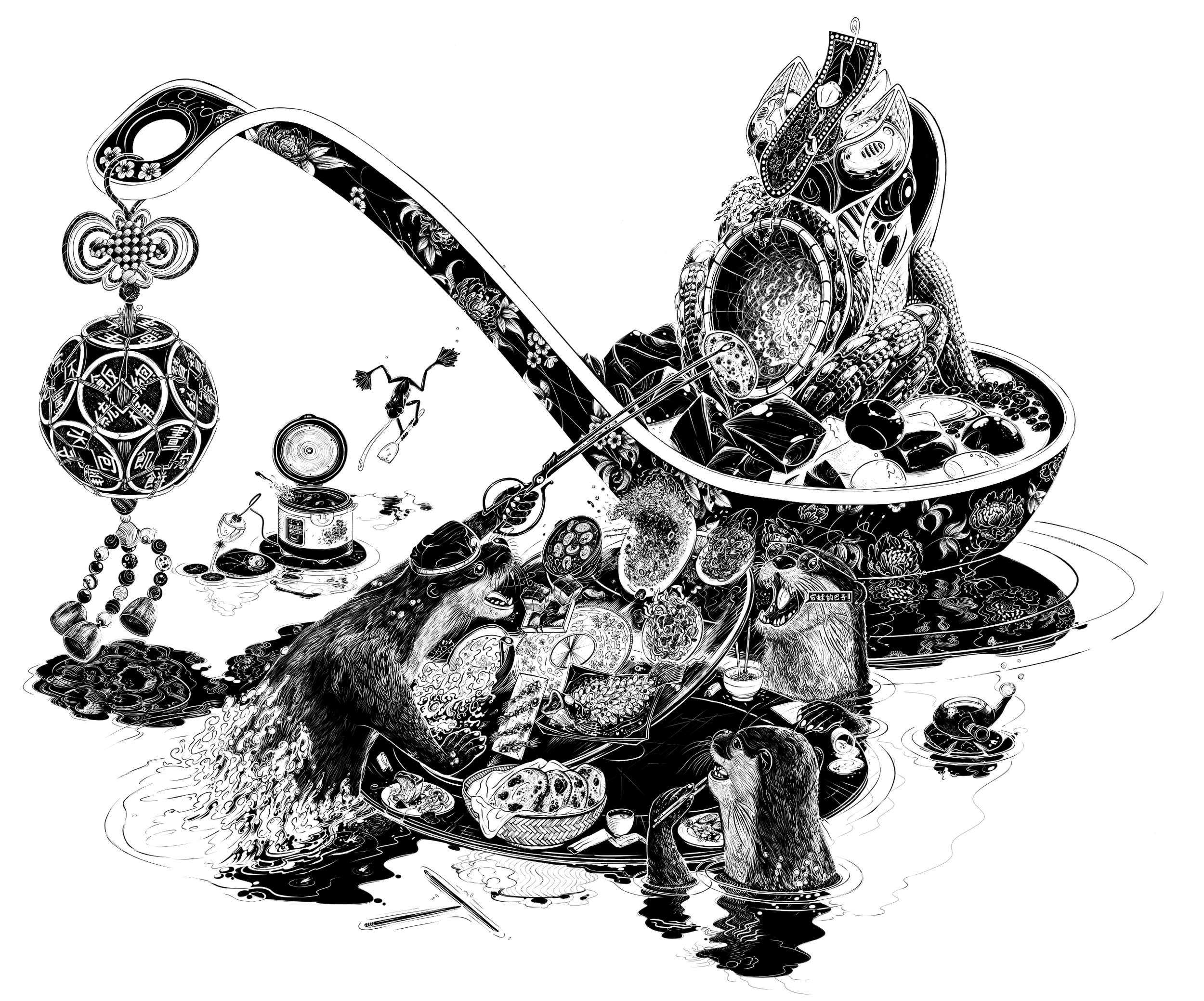 black and white illustration of river otters dining on a lily pad, chinese food flying as the lazy susan flips, one reaching towards a malaysian horned frog statue in a soup spoon