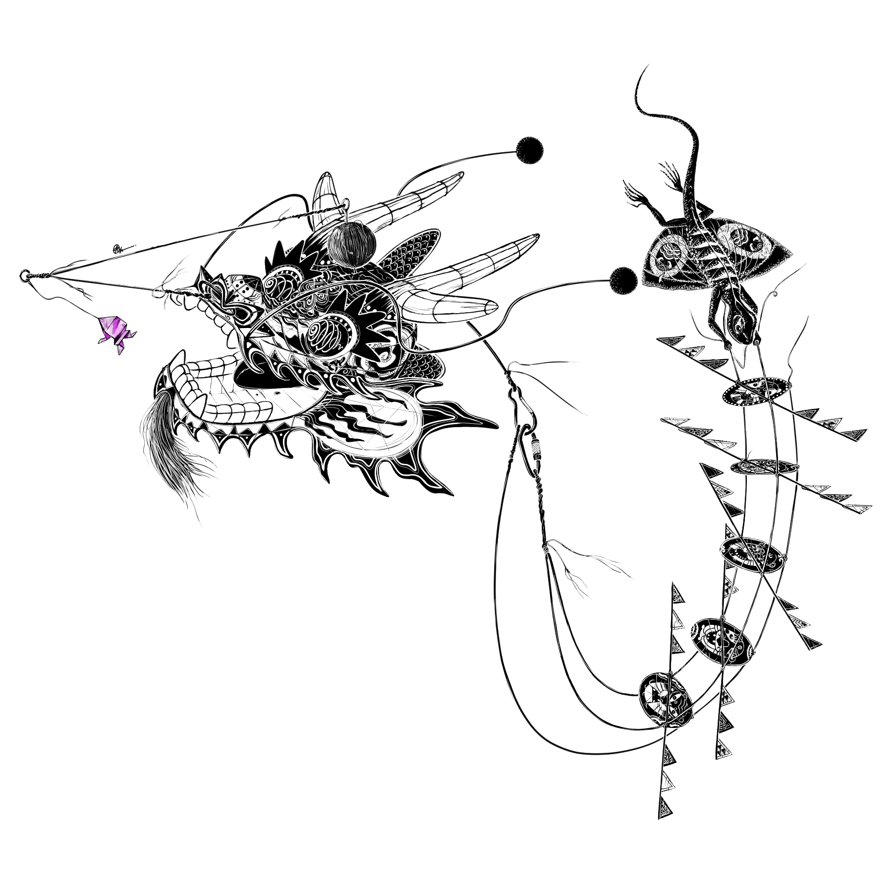 black and white illustration of a chinese centipede kite with chinese opera-style otter faces and a flying lizard on the tail, teased by a purple origami frog