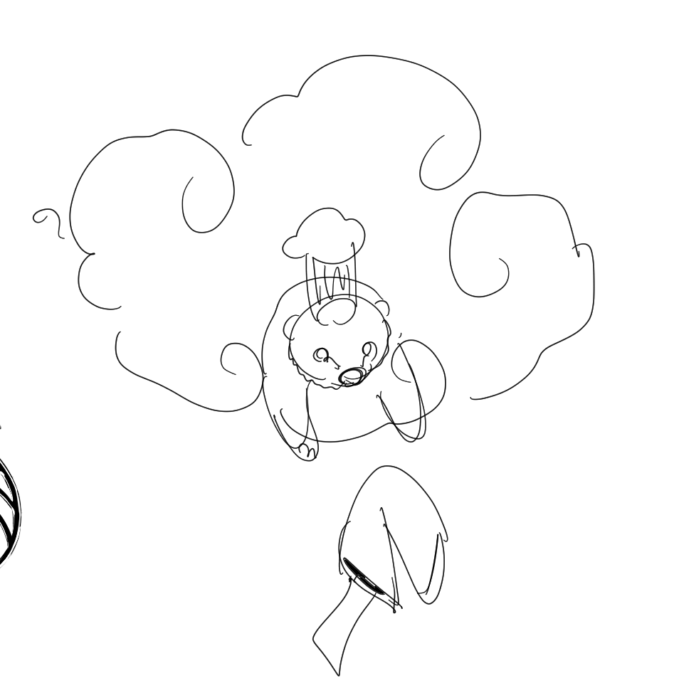 sketch of an otter wearing a chef's hat throwing a fortune cookie from a chinese-style cloud