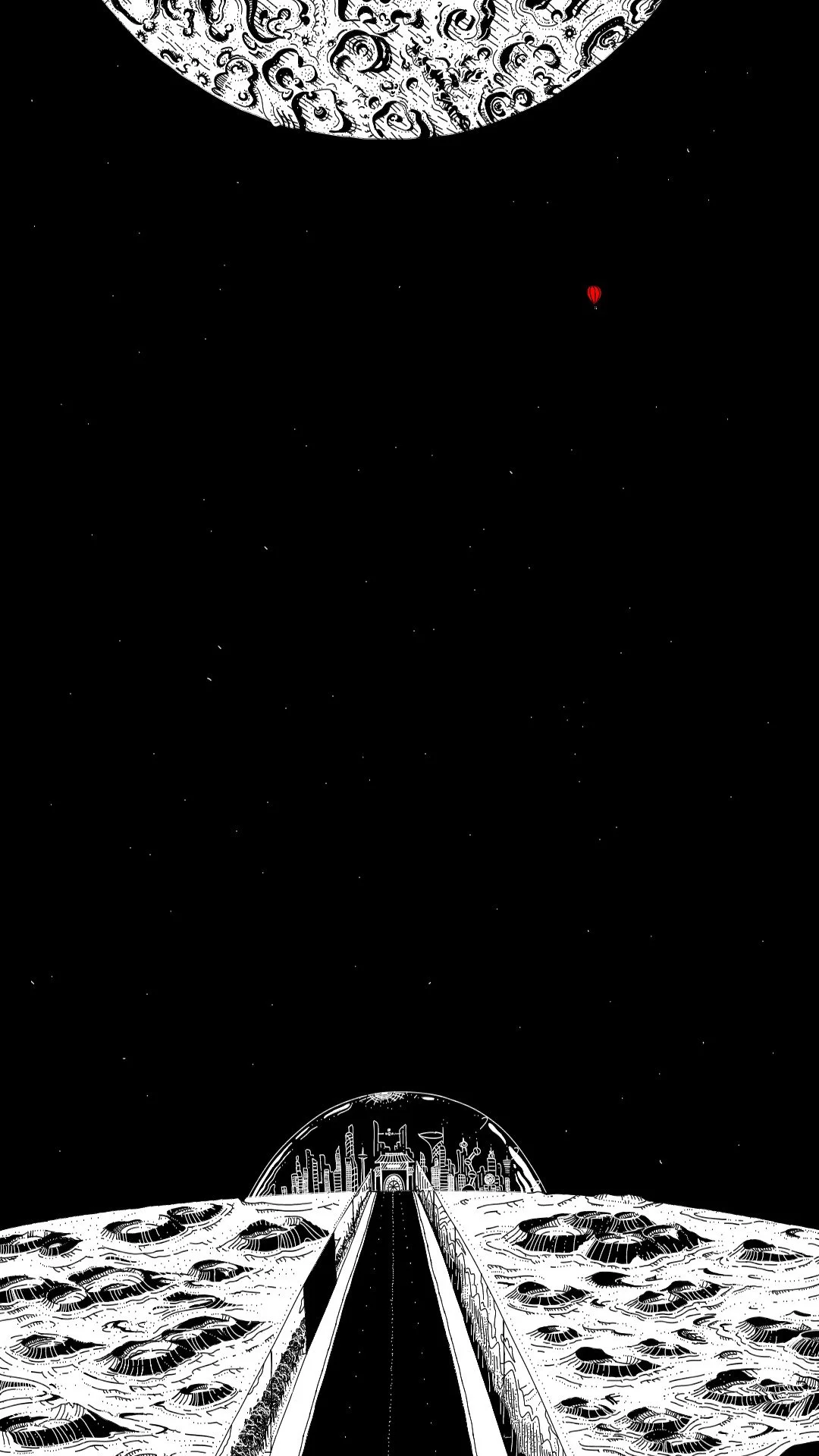 highway stretching toward an isolated domed city on a rocky planet under the vastness of space