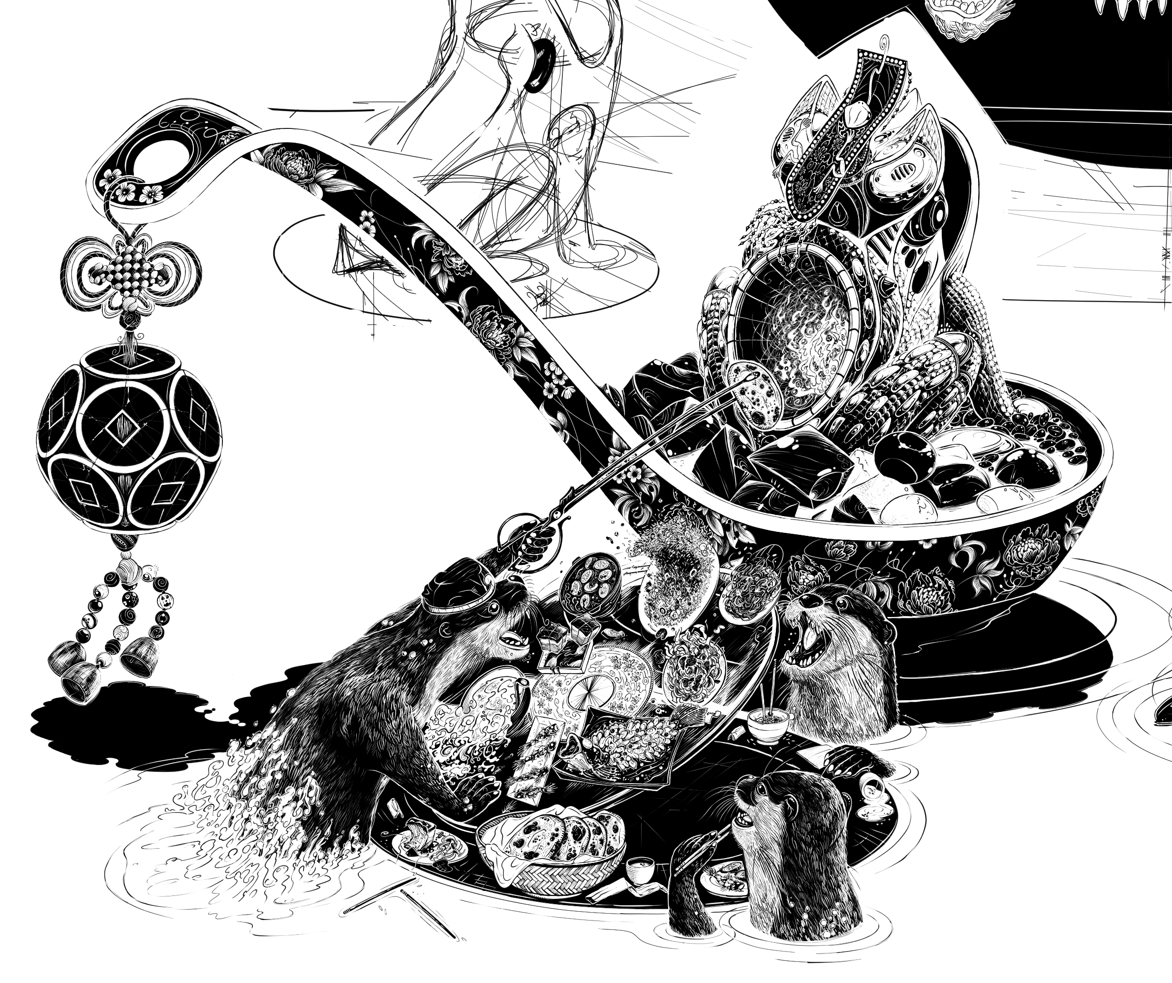 in progress shot of a statue of a malaysian horned frog sitting in a chinese soup spoon, surrounded by rowdy river otters dining on chinese food