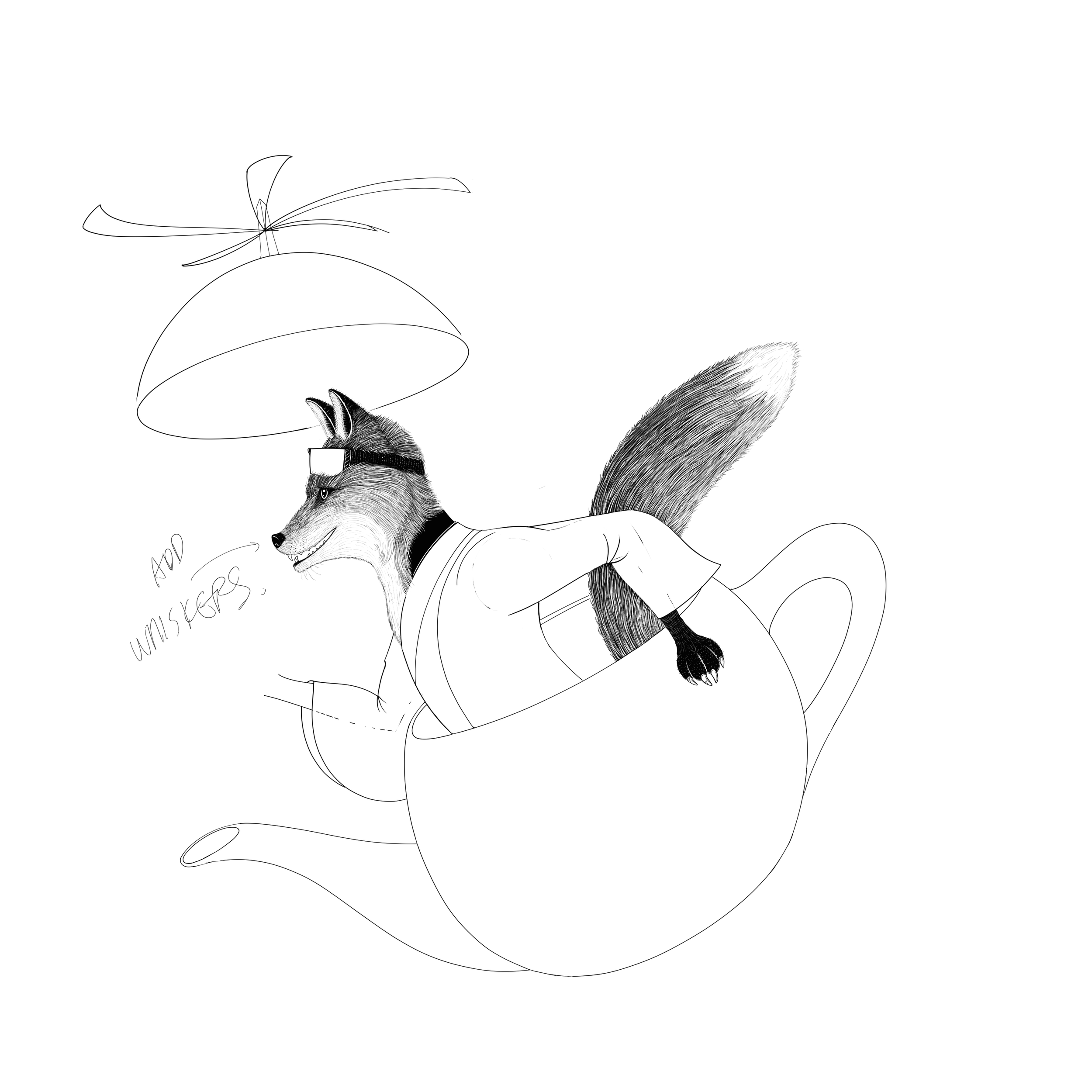  sketch of a red fox wearing chinese emperor robes sitting in a teapot