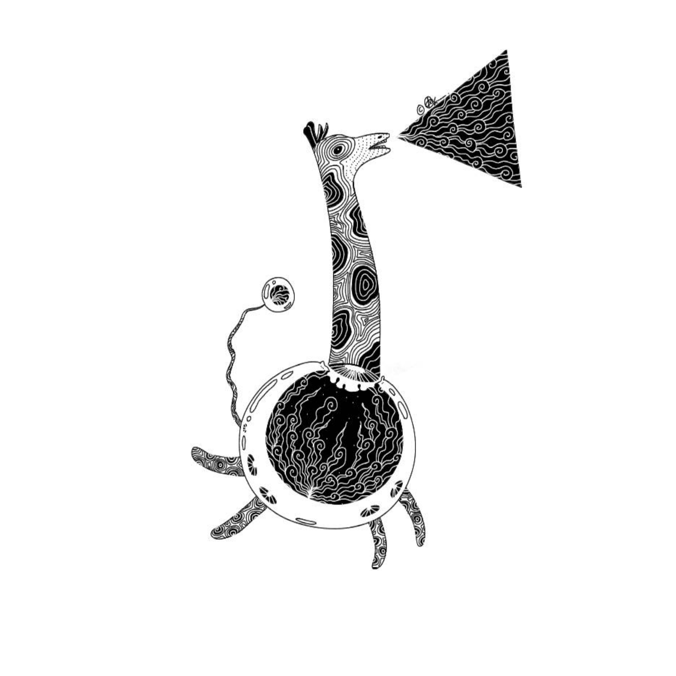 finger-drawn black and white illustration of a giraffe jellyfish hybrid exhaling chinese-style clouds in a triangular composition