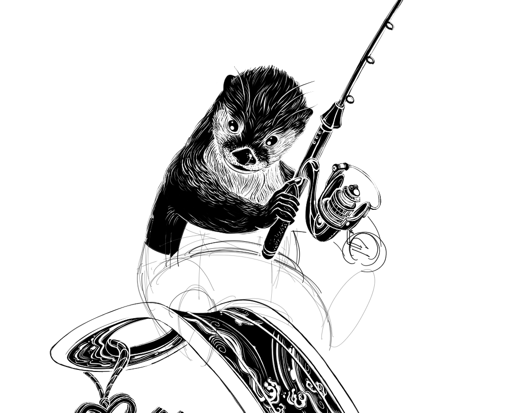 black and white in progress shot of a river otter holding a fishing rod