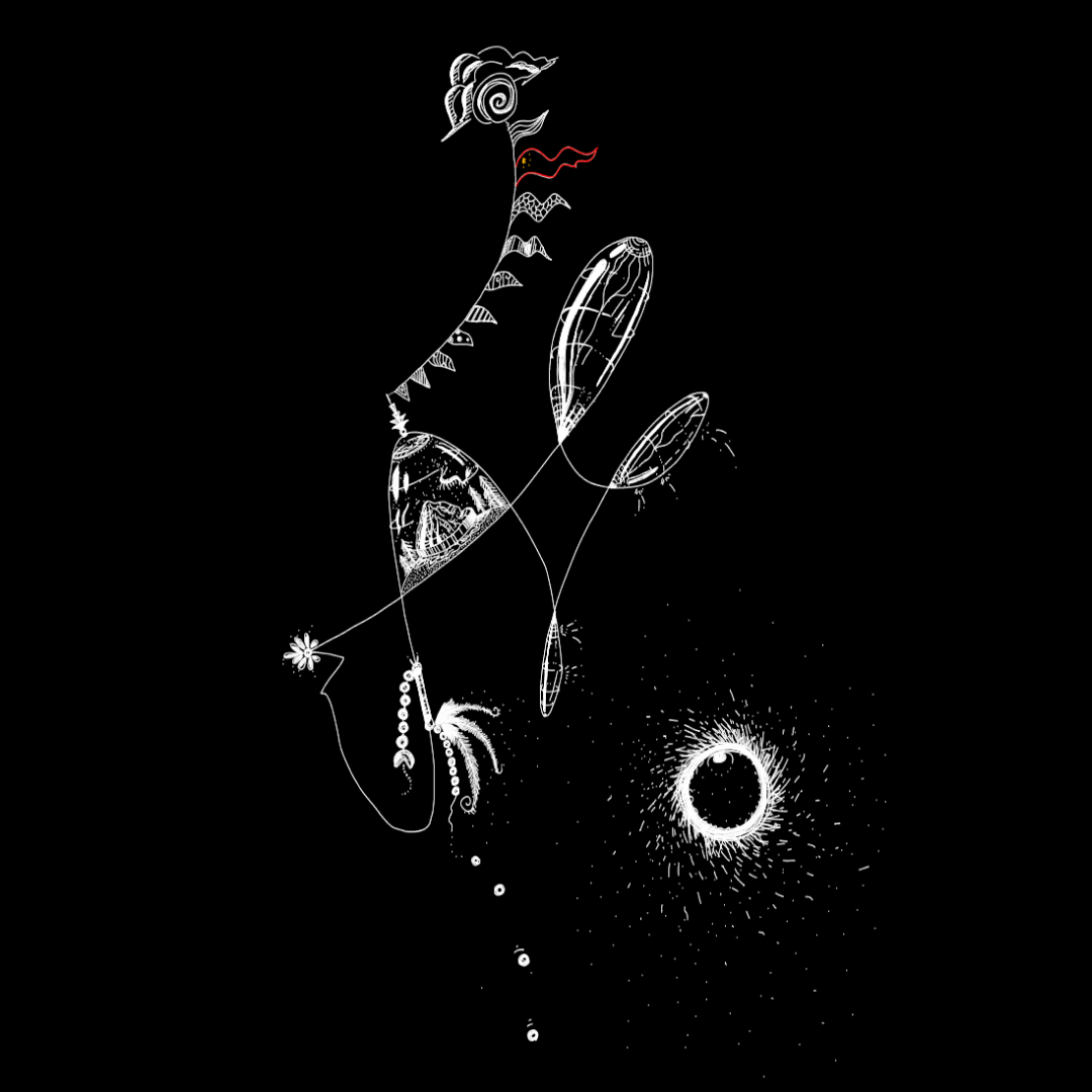 finger-drawn black and white illustration of cracked glass containers suspended in a looping string structure, one containing a mountain, a decorative flag rope featuring a red chinese flag