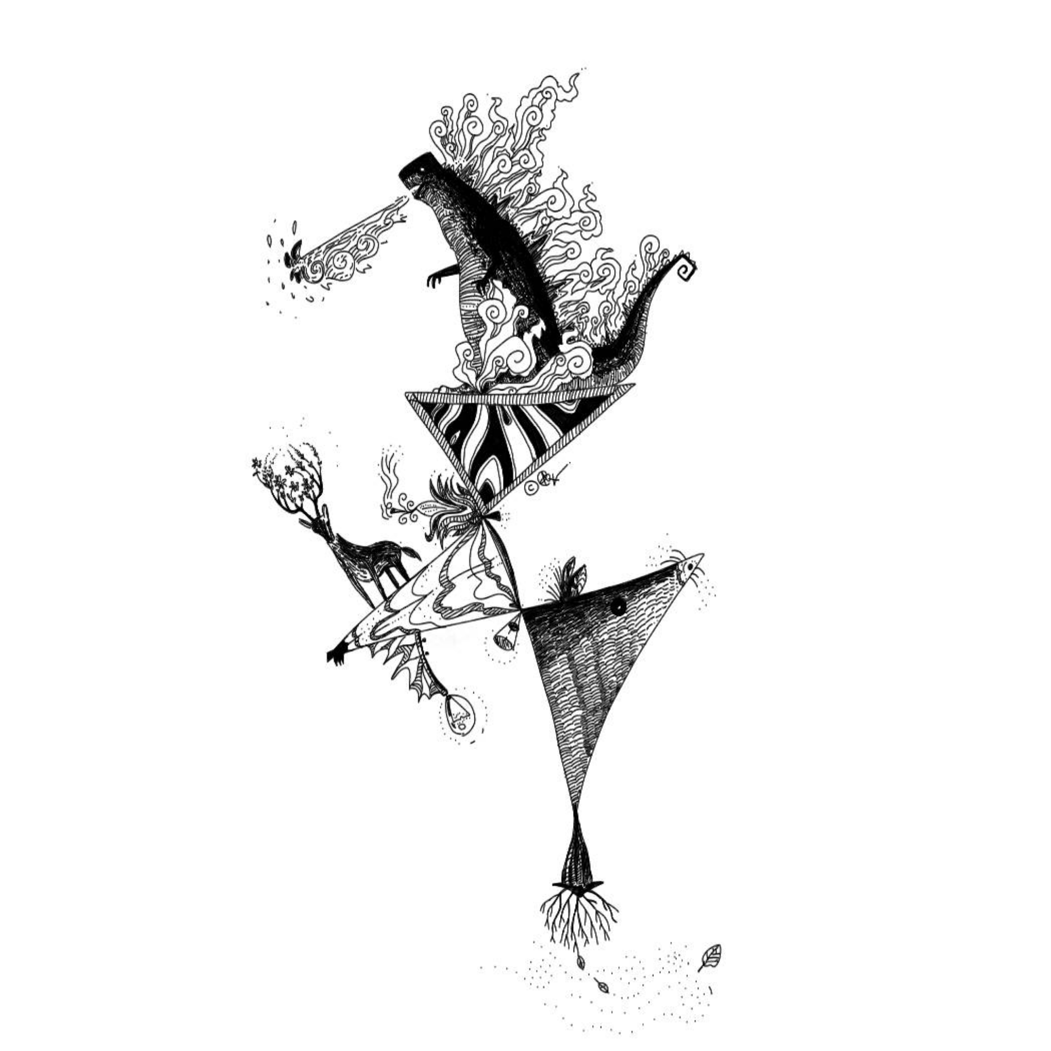 finger-drawn black and white illustration of a godzilla-like dinosaur breathing fire above a deer with floral antlers and a giant rat head, in a triangular composition