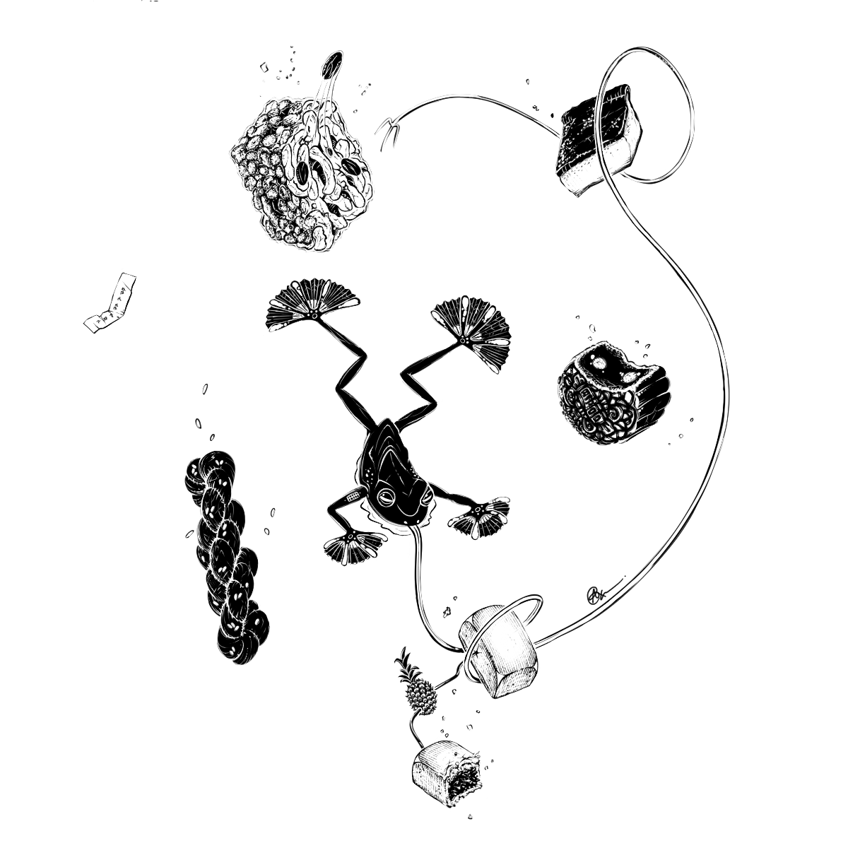 intricate black and white illustration of a flying tree frog catching mooncakes (月饼), sachima (沙琪玛), mahua (麻花), and pineapple cakes (凤梨酥) with its tongue