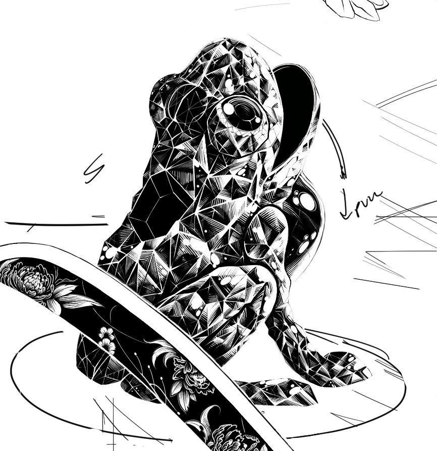 black and white in progress shot of a frog, made of glass