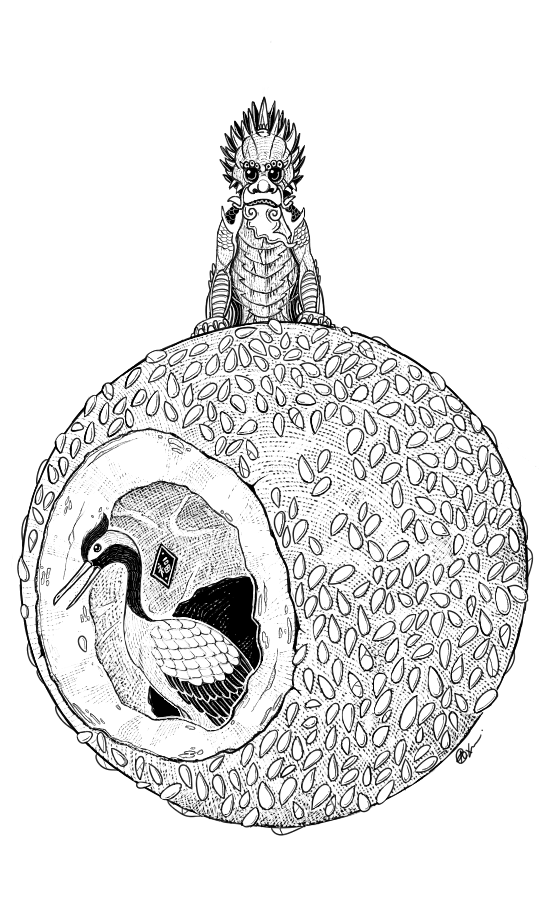 intricate black and white drawing of a chinese pixiu mythical creature perched on a half-eaten sesame ball, a crane peering out from the hollow interior