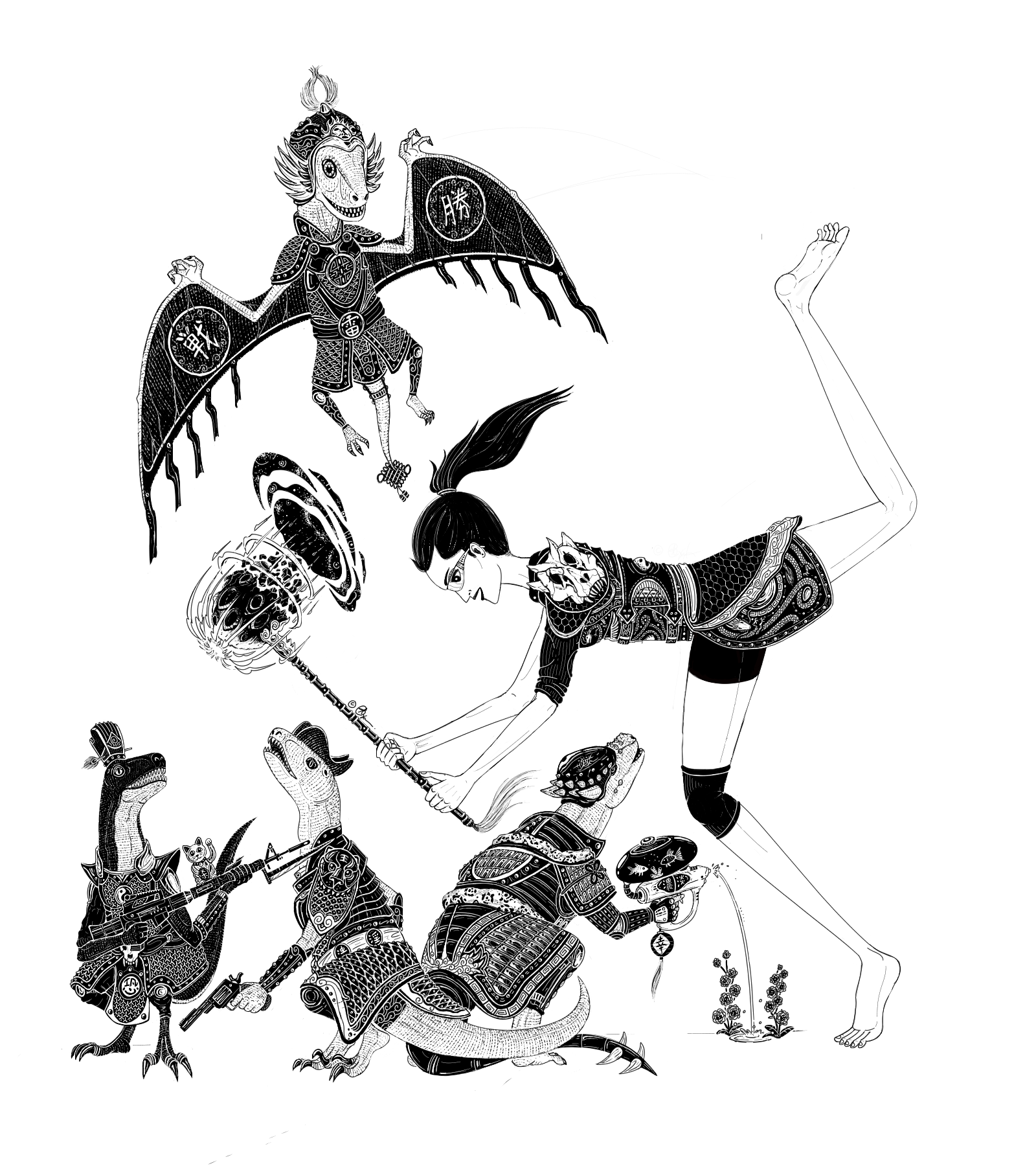 black and white illustration of a girl in chinese warrior armor swinging an asteroid hammer at two raptors and a pachycephalosaurus in chinese warrior armor carrying guns