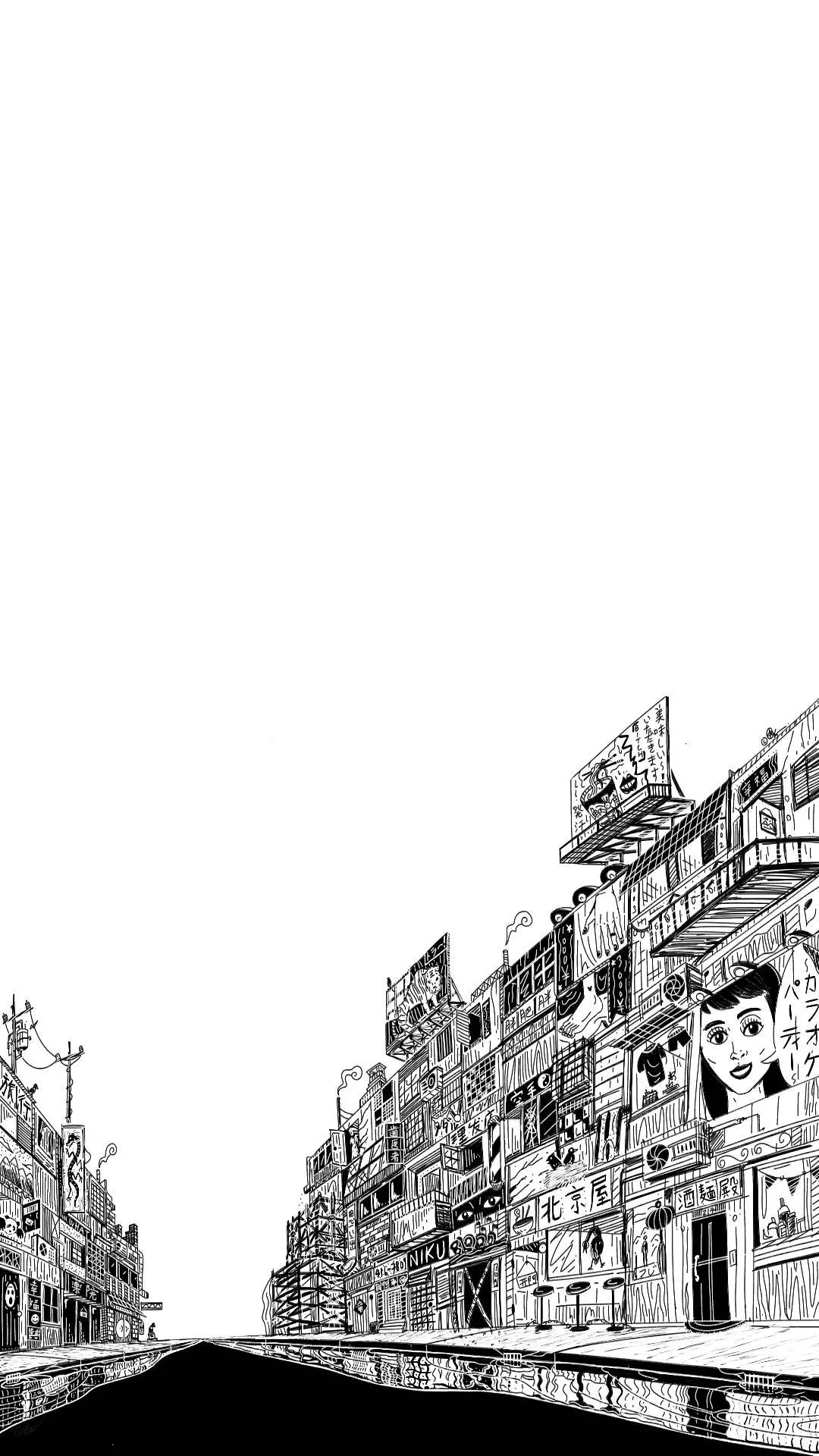 finger-drawn black and white illustration of an abandoned rainy chinatown street with chinese and japanese signage, closed restaurants and karaoke bars receding to a vanishing point