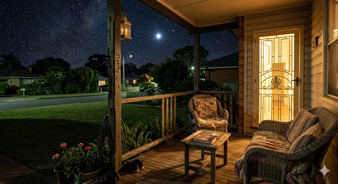 A lit porch with wicker chairs, a small table with a glass, flowers, and shoes at night, overlooking a quiet neighborhood with houses, trees, and a starry sky.