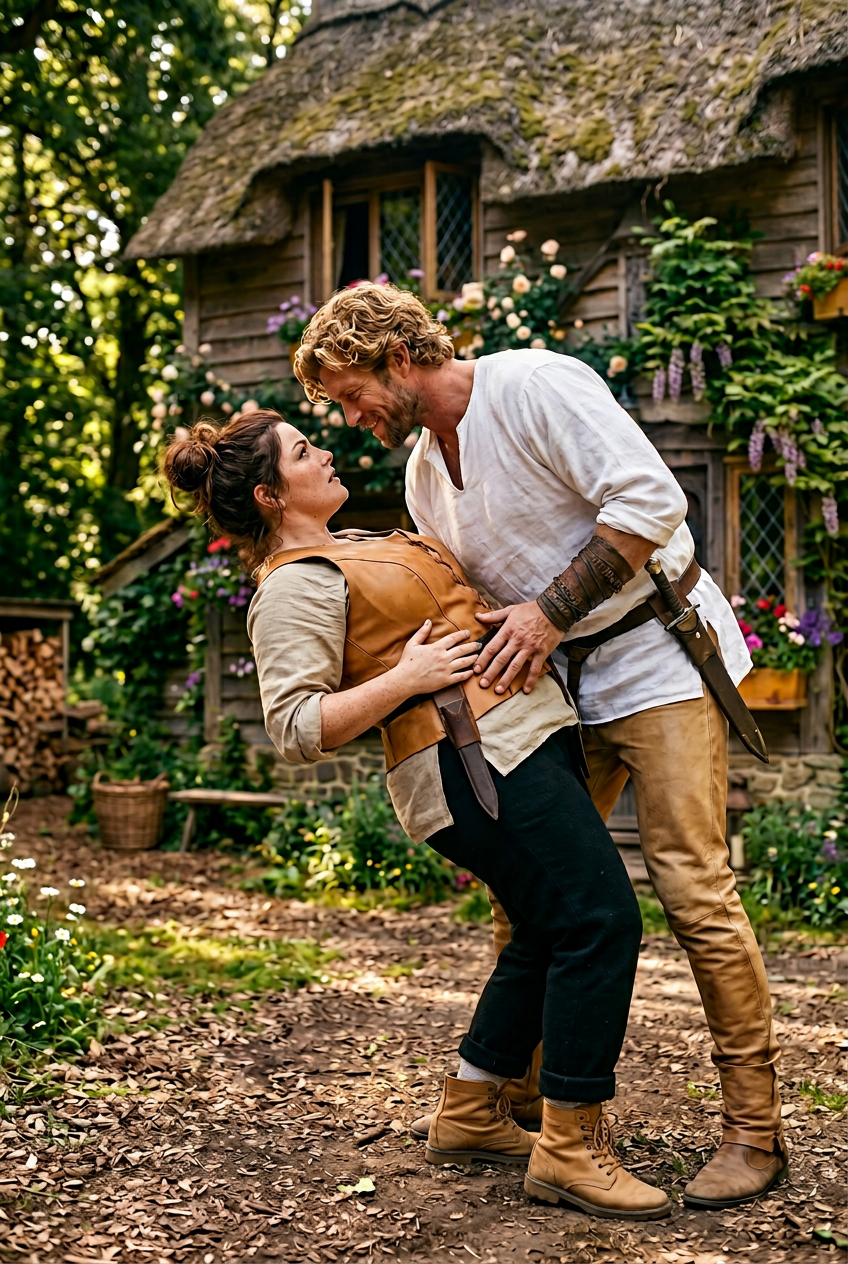 A man and woman in medieval or fantasy costumes are standing outdoors in front of a rustic, flower-adorned cottage. The man, with long blond hair and a beard, leans forward towards the woman, who has dark hair in a bun. The woman is pregnant, wearing a brown vest, beige shirt, black pants, and tan boots. The man is dressed in a white shirt, tan pants, and brown boots, with a knife sheathed at his waist. They are close, gazing into each other's eyes, with the man tenderly touching the woman's pregnant belly.