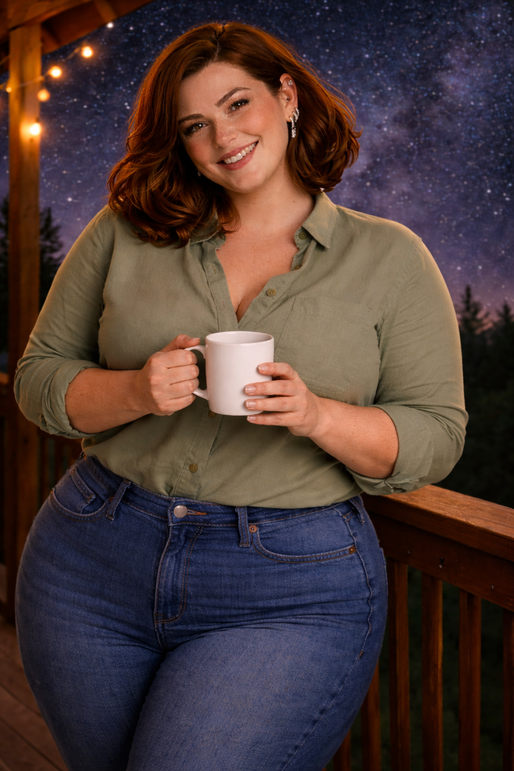 A woman with red hair smiling while holding a white mug on a wooden deck at night, with string lights and a starry sky in the background.