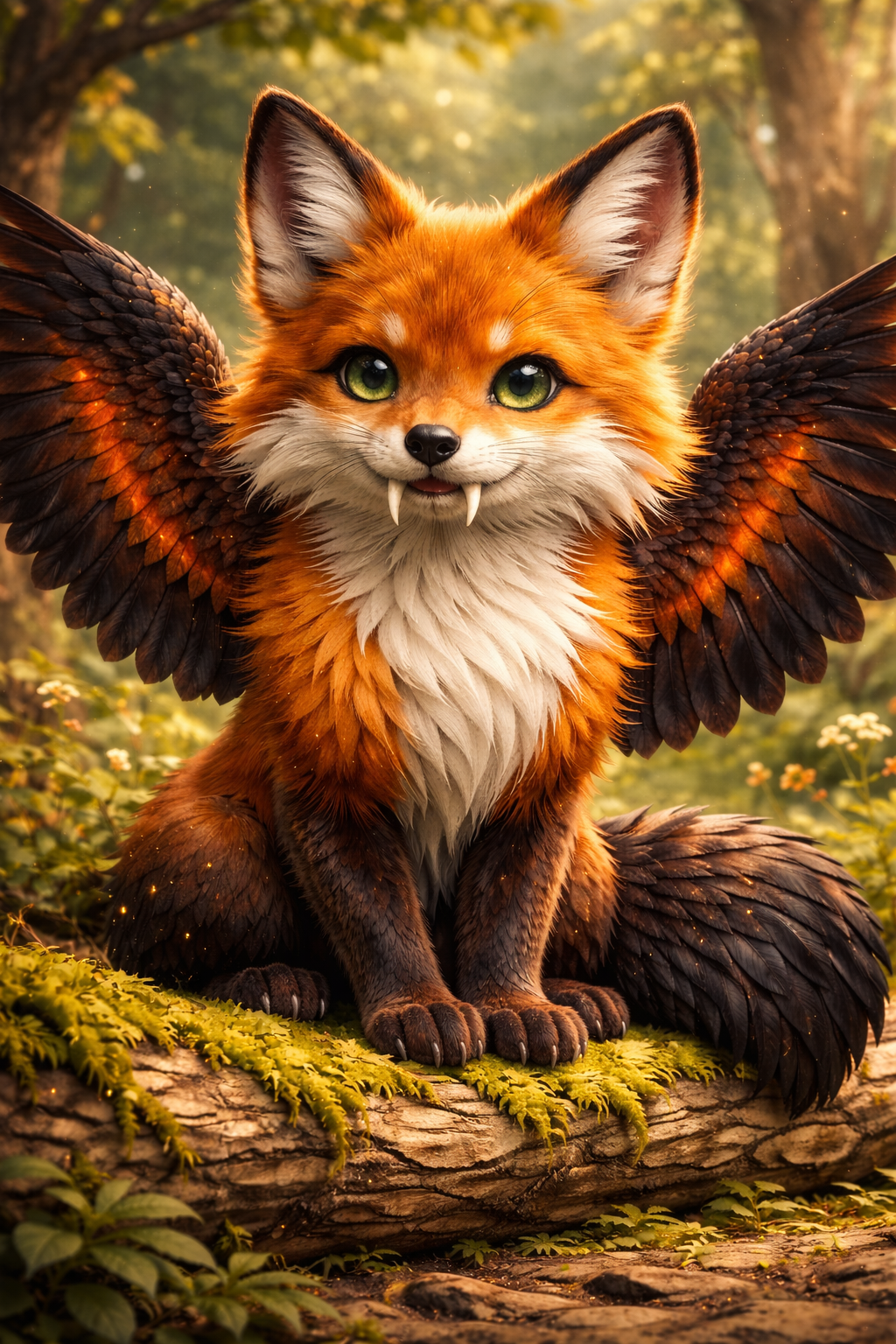 A fantasy creature with the body of a fox, large eagle wings, and bright green eyes, sitting on a log in a forest.