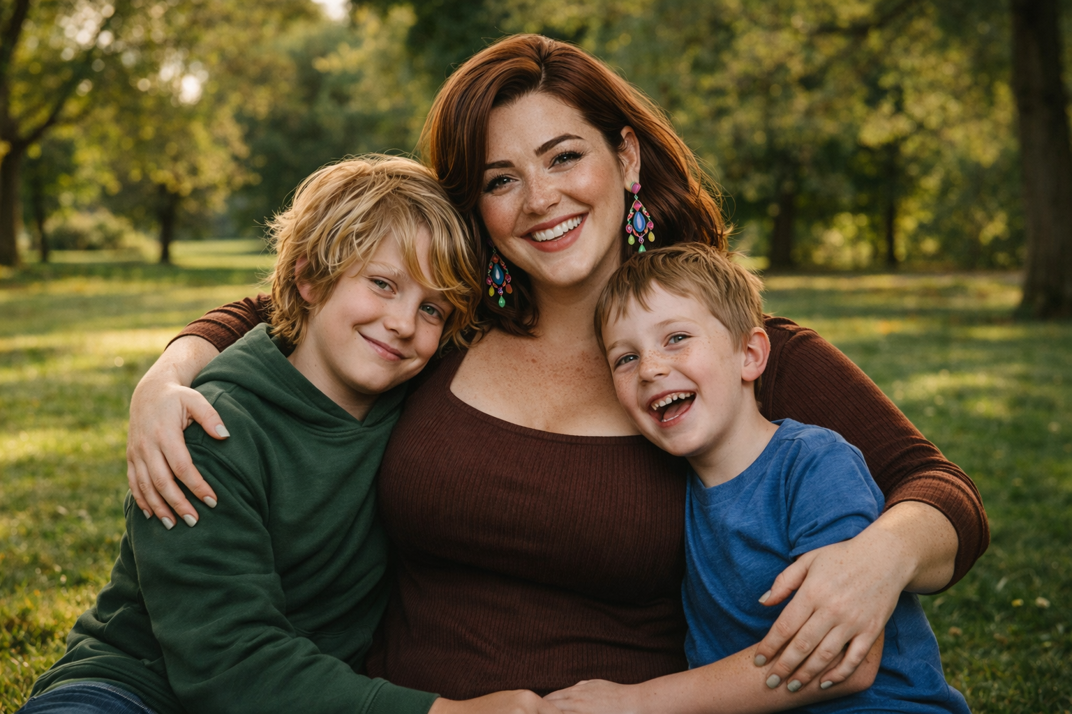 Smiling woman with red hair wearing colorful earrings embracing two young boys outdoors in a park with green trees.