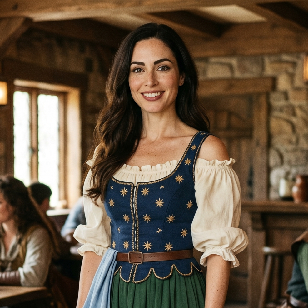A woman in a traditional Bavarian dress with a blue bodice decorated with gold star patterns, cream puffed sleeves, and a green skirt, smiling in a rustic wooden interior.