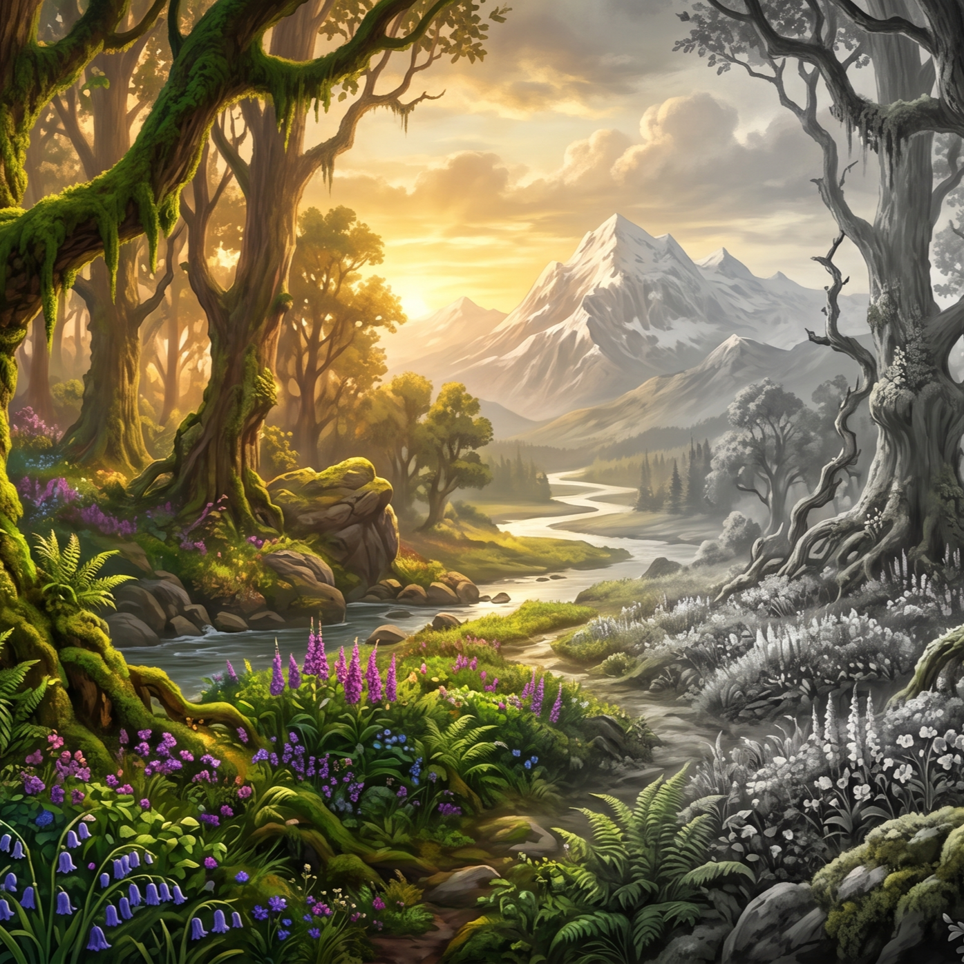 A vibrant, lush landscape with a flowing river, colorful wildflowers, tall trees, and snow-capped mountains in the background at sunset.