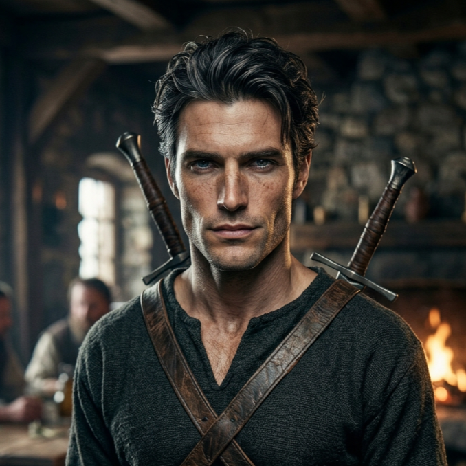 A man with dark hair and blue eyes, wearing a dark shirt, is in a medieval-style tavern with wooden beams and a stone wall background. He has two swords strapped to his back and looks directly at the camera with a serious expression.