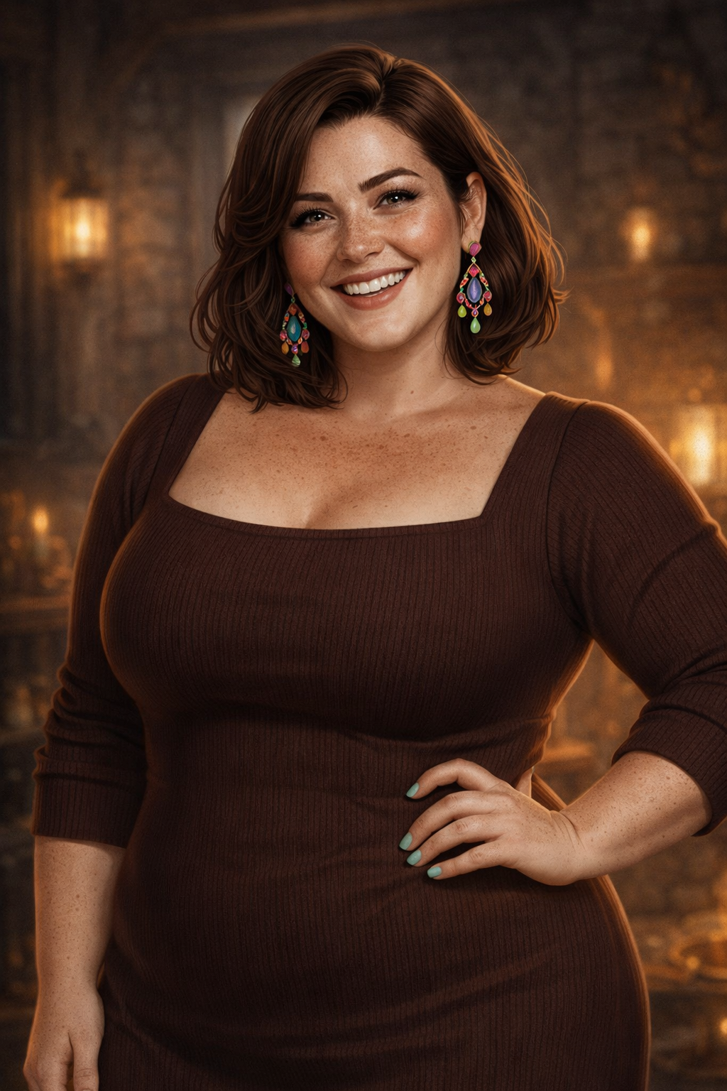 A woman with shoulder-length brown hair, wearing a fitted brown top, cheerful expression, colorful dangling earrings, and with her hand on her hip in a warmly lit indoor setting.